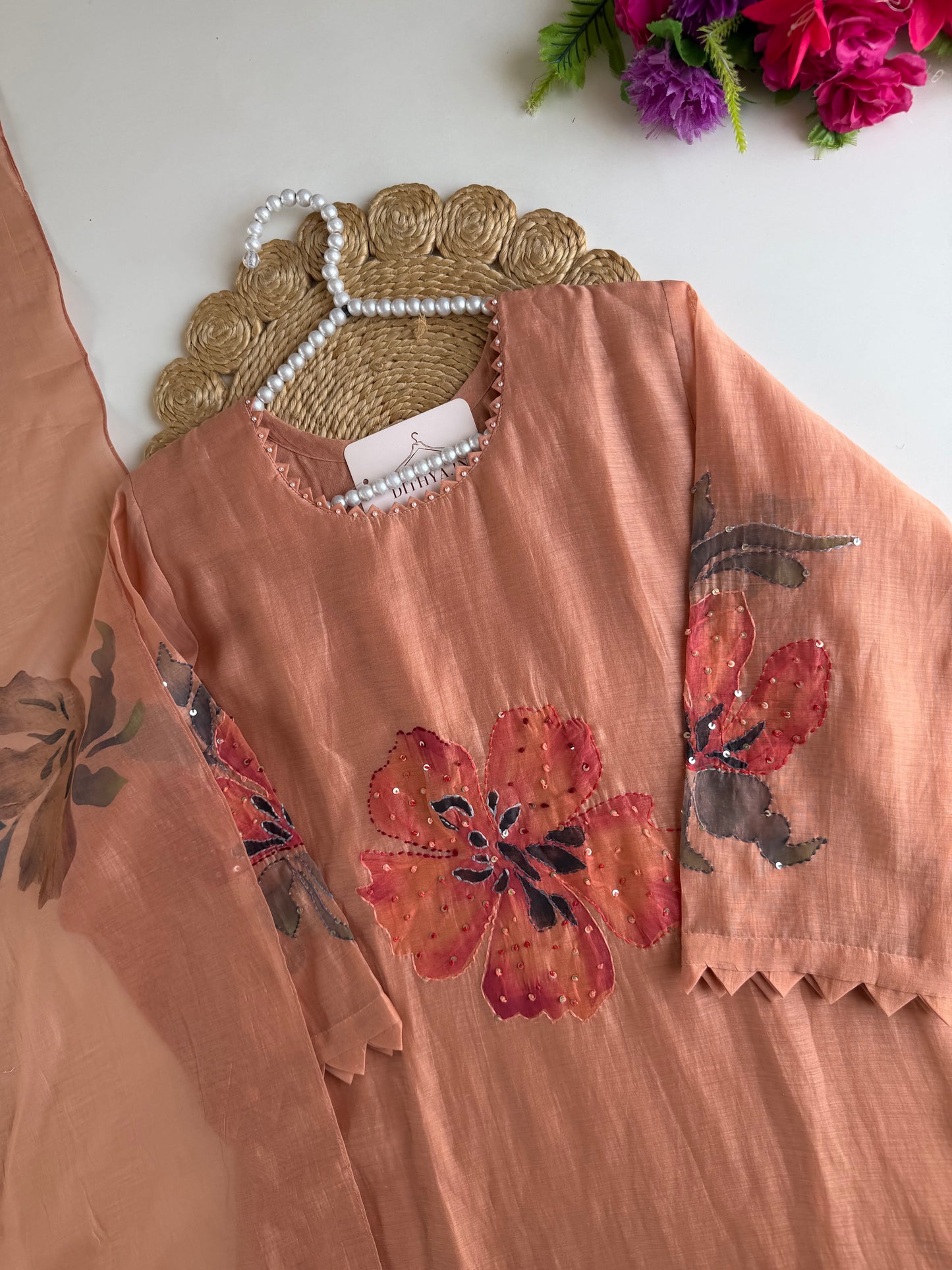 K639 - Mul chanderi embroidered Aline Kurti with pants and dupatta
