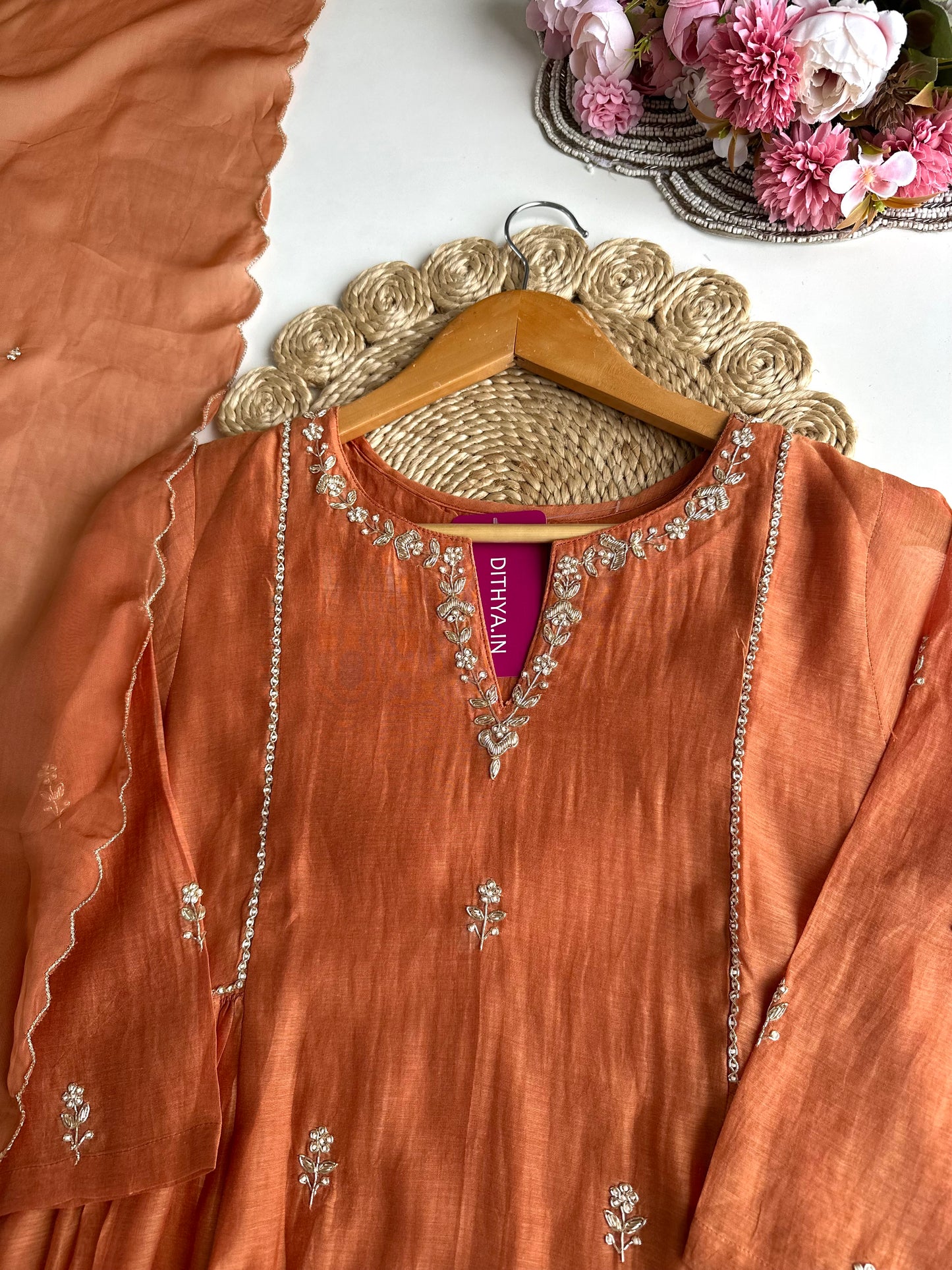 K160 - Mul Chanderi handwork Aline Kurti with pants and dupatta