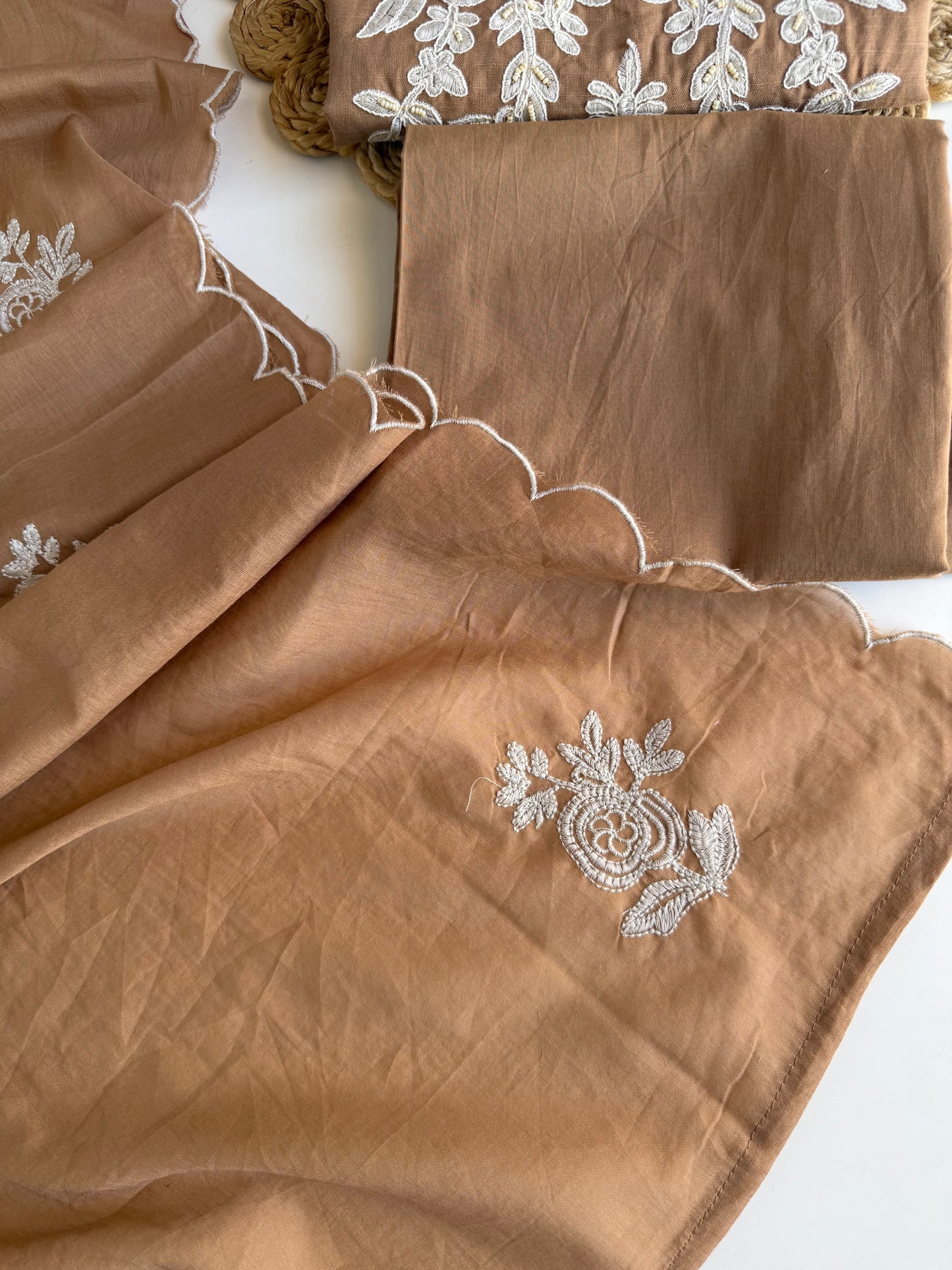 K235 - Mul cotton embroidered Aline Kurti with pants and dupatta