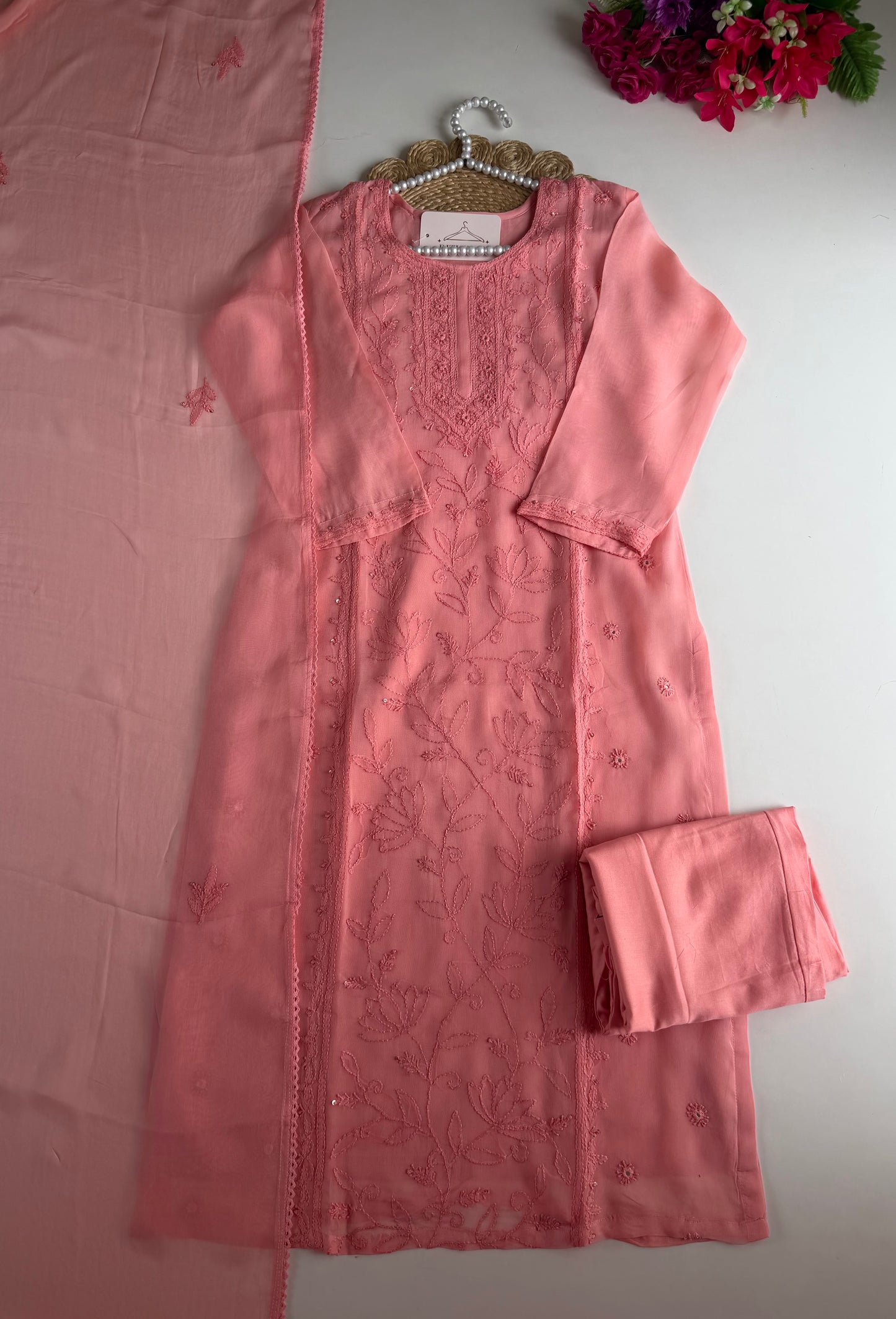 K180 - Viscose organza chikankari straight Kurti with pants and dupatta