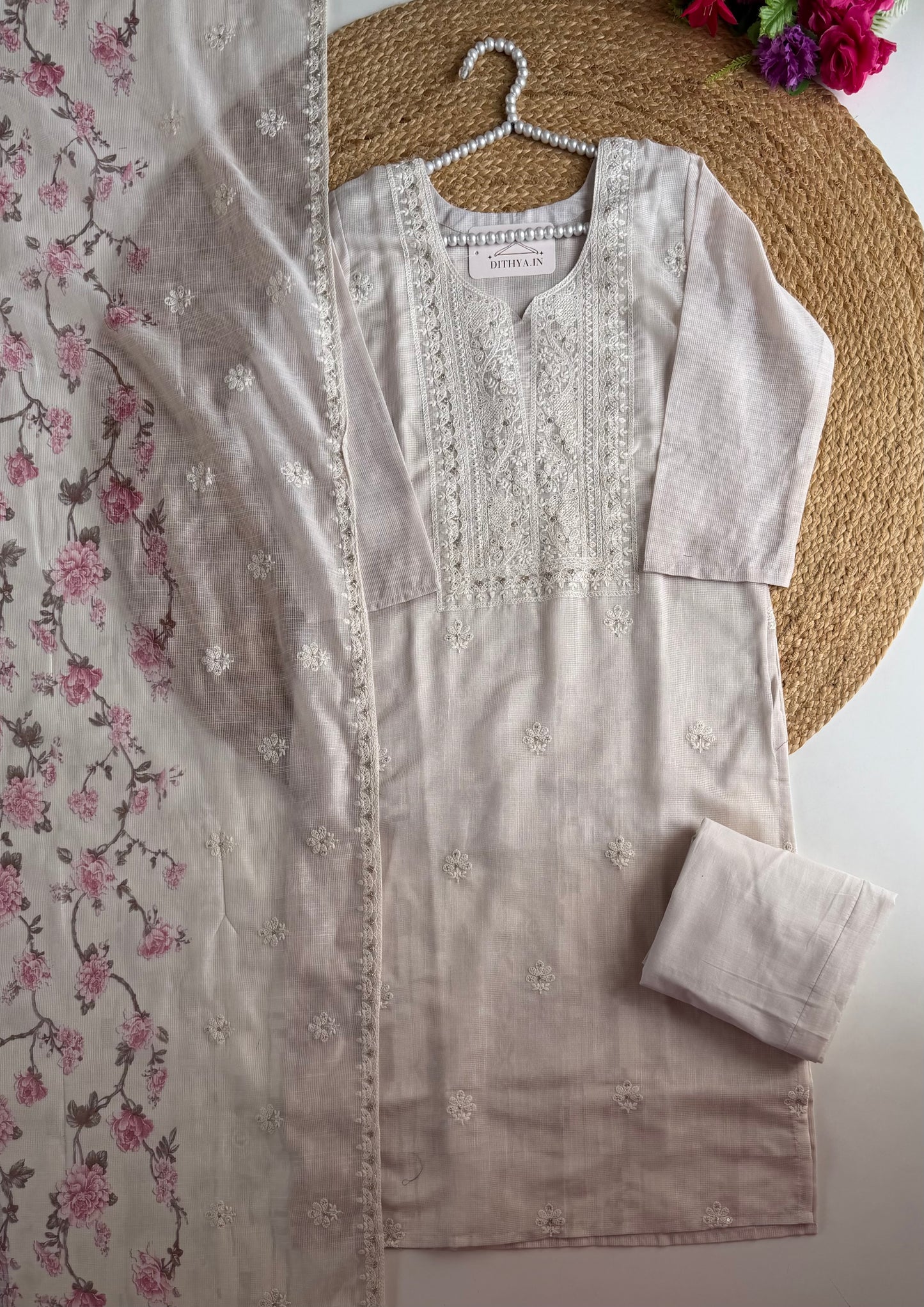 K071 - Chanderi silk embroidered straight Kurti with pants and dupatta