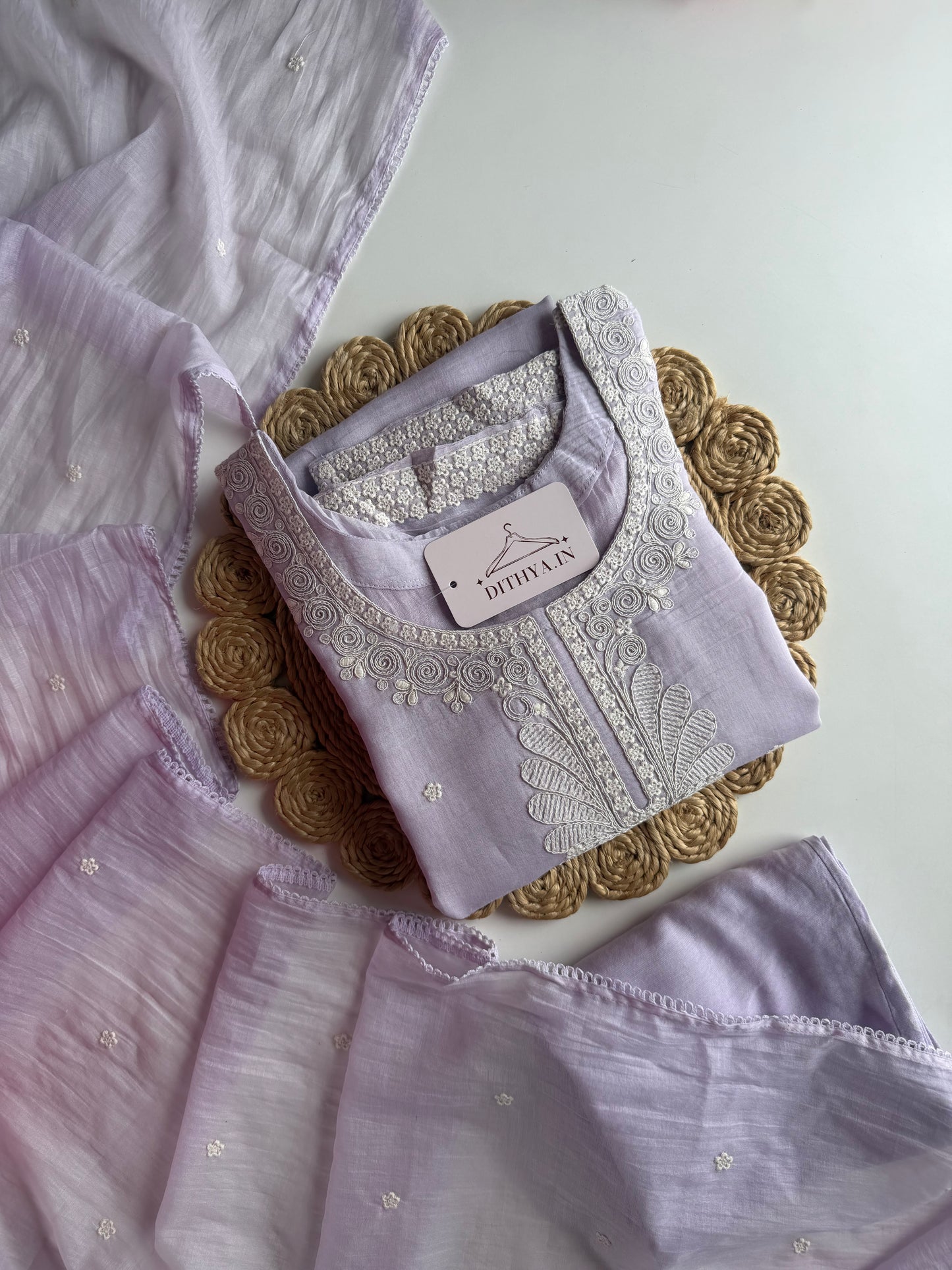 K419 - Mul chanderi embroidered straight Kurti with pants and dupatta