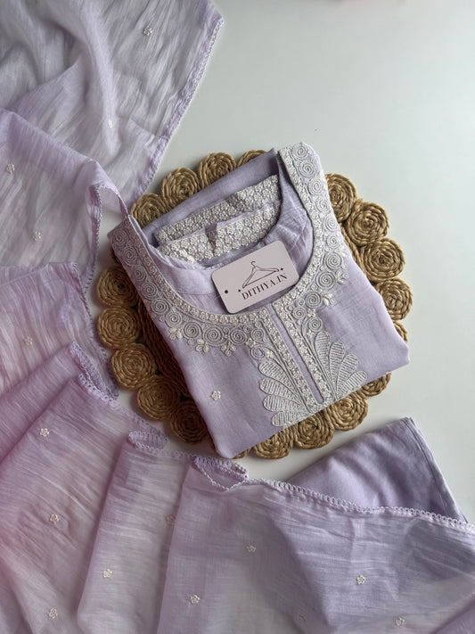 K419 - Mul chanderi embroidered straight Kurti with pants and dupatta