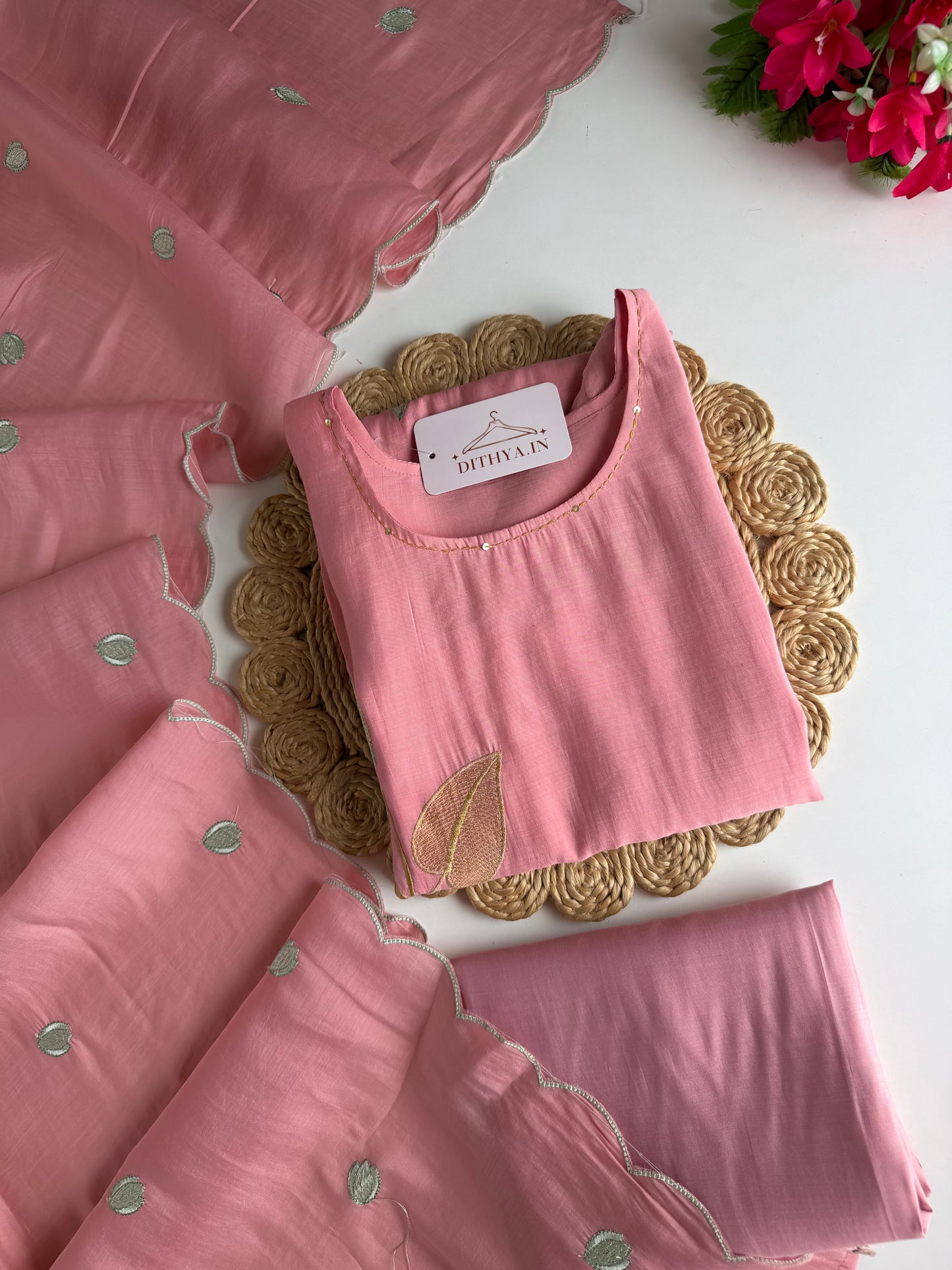 K486 - Muslin embroidered straight Kurti with pants and dupatta