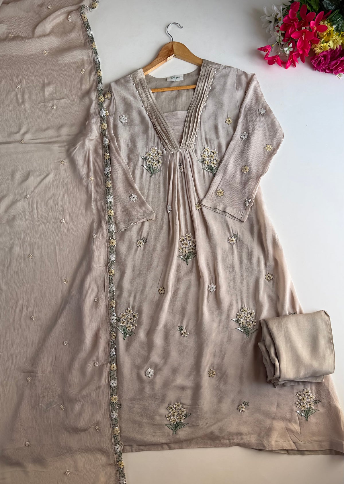 K674 - Pure Chinnon handwork aline Kurti with pants and dupatta