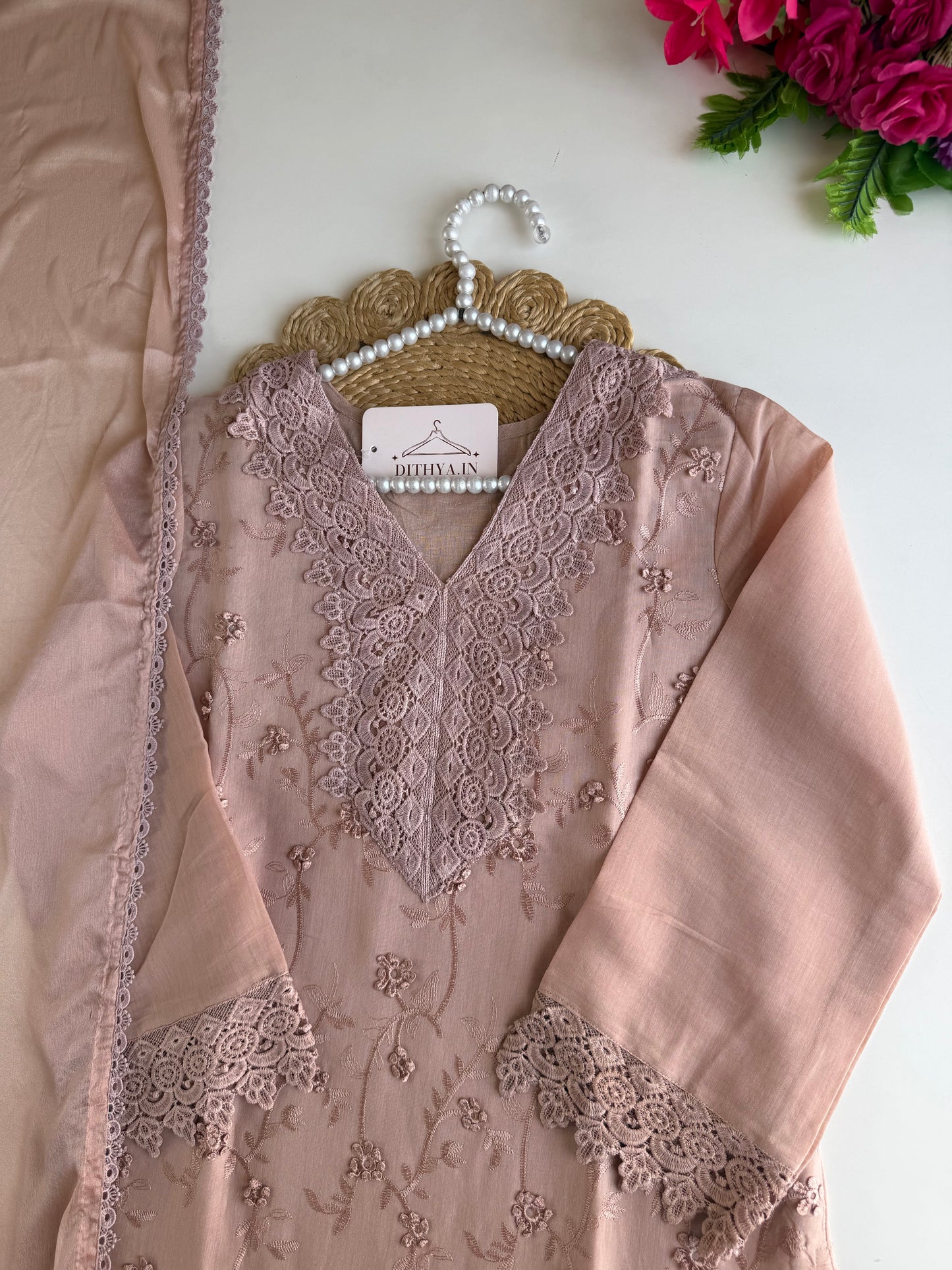 K551 - Mul chanderi 3D embroidered straight Kurti with pants and dupatta