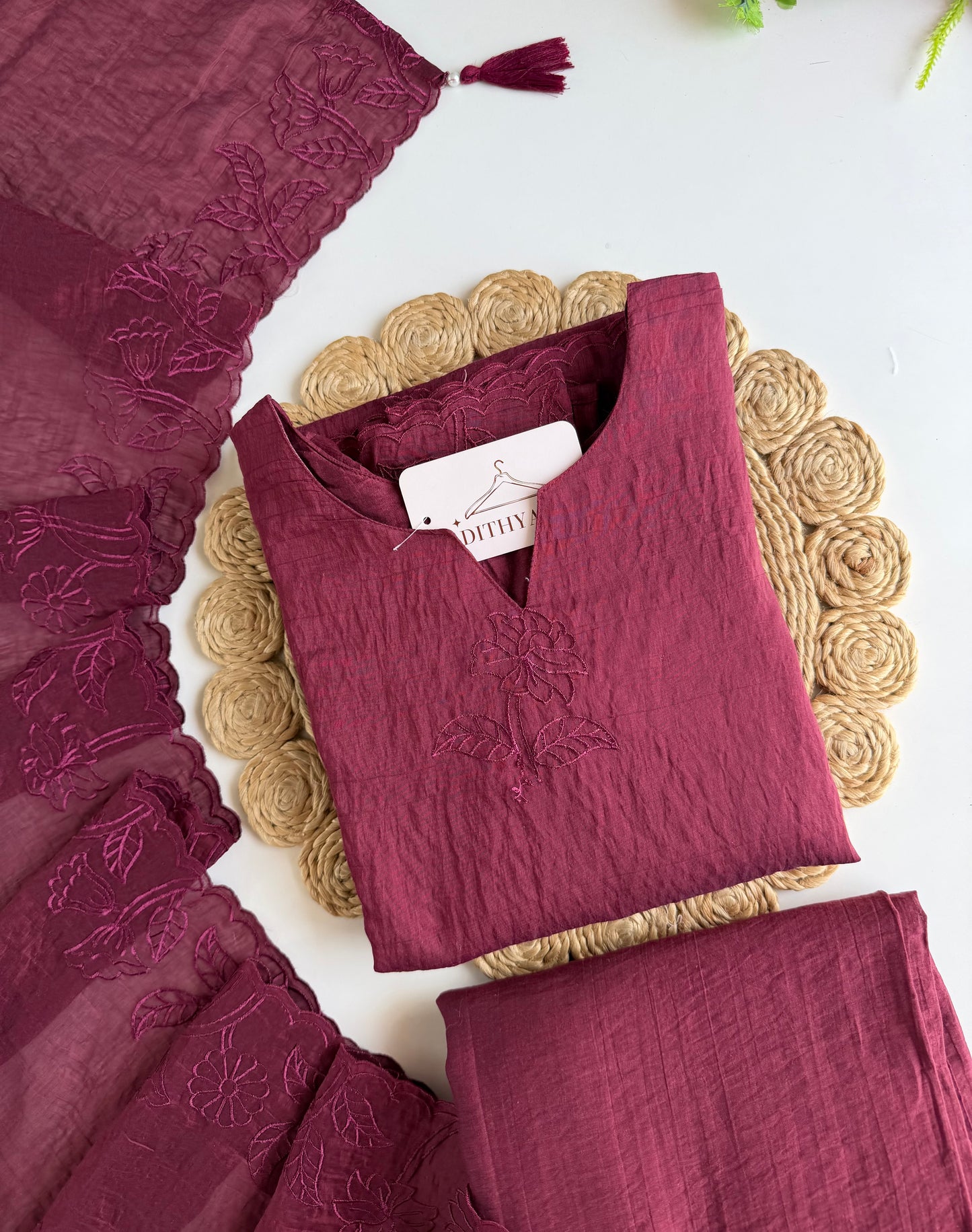 K208 - Crushed Mul chanderi embroidered straight Kurti with pants and dupatta in 2 colours