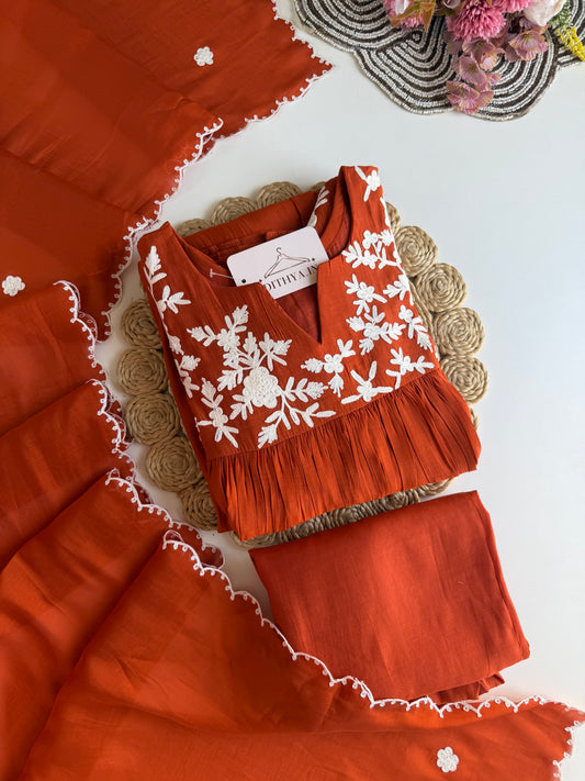 K685 - Mul chanderi embroidered Anarkali with pants and dupatta