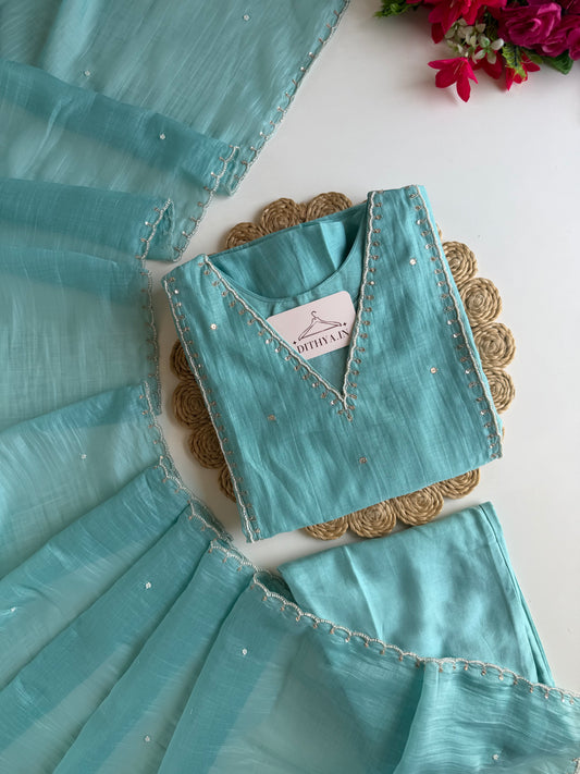 K011 - Mul chanderi pearl work aline Kurti with pants and dupatta