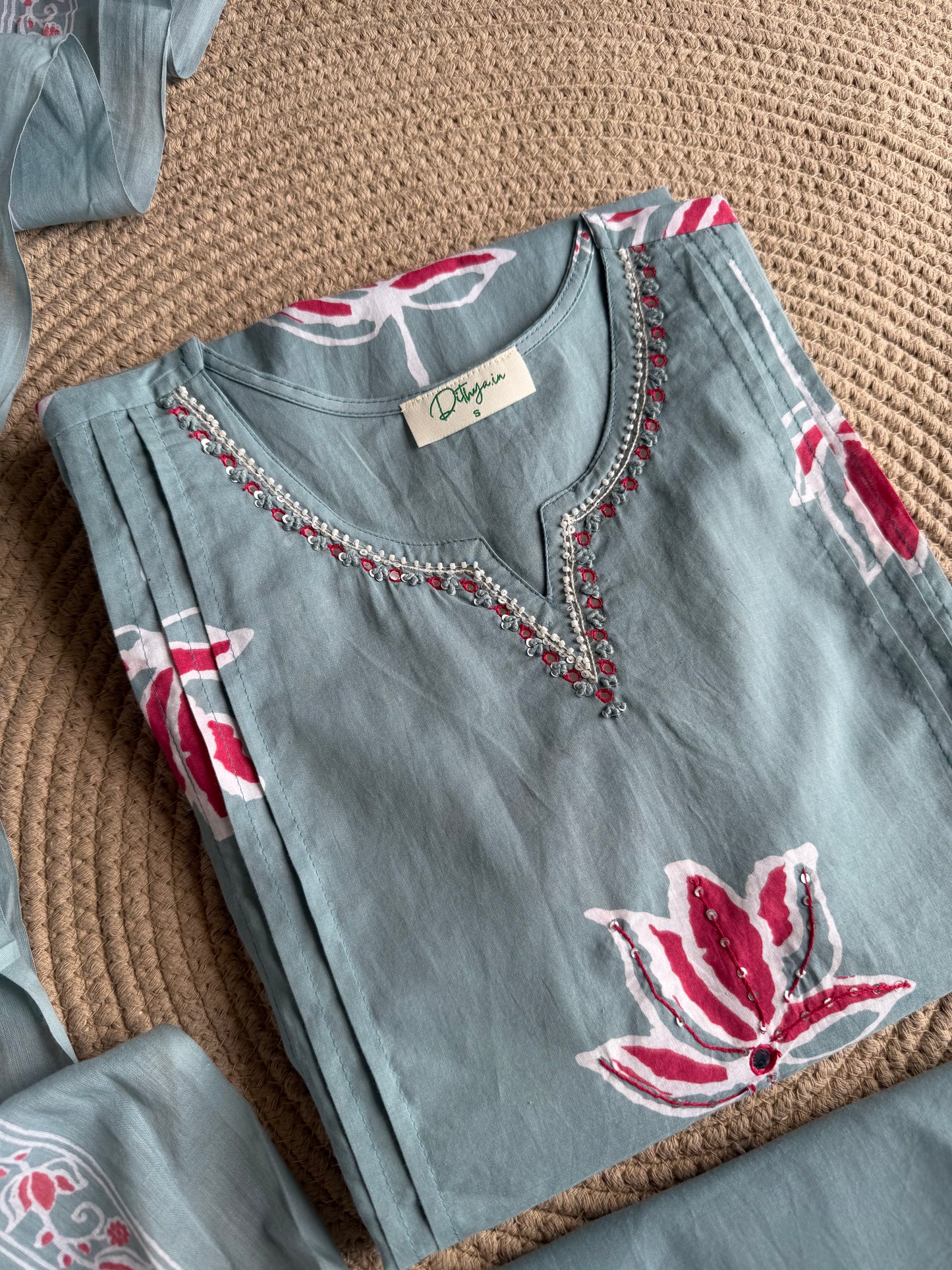 K164 - Mul cotton embroidered Aline Kurti with pants and dupatta in 3 colours