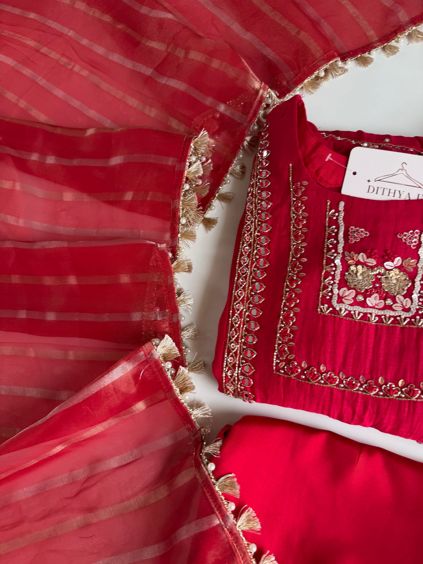K229 - Mul chanderi handwork aline Kurti with pants and dupatta
