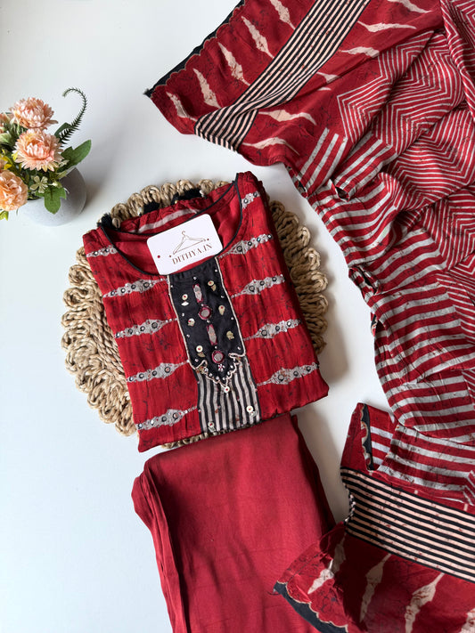 K145 - Pure crape Ajrakh straight Kurti with pants and dupatta