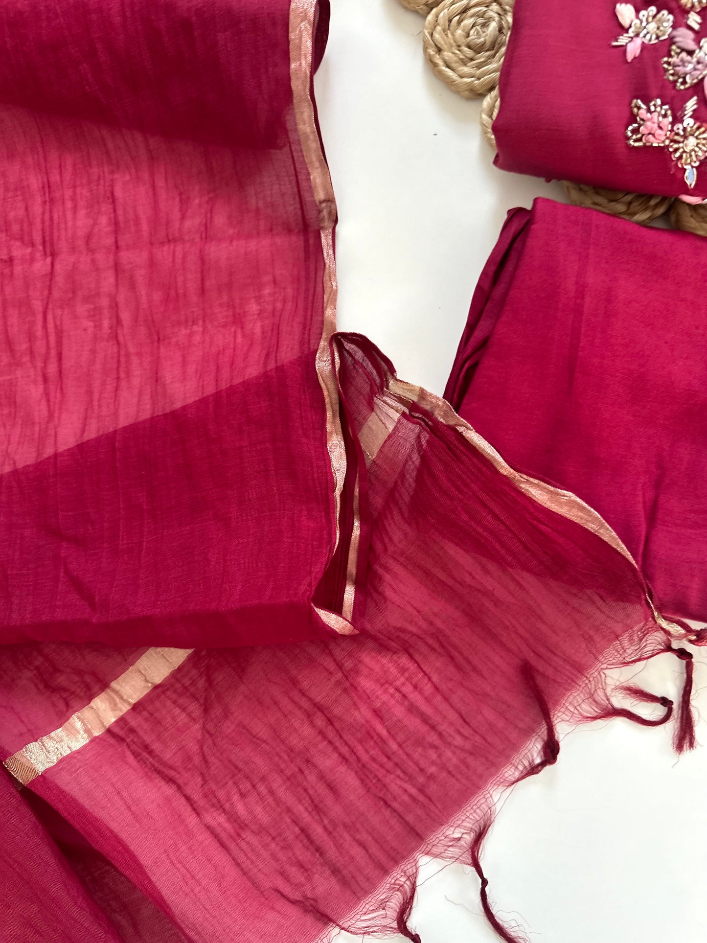 K021 - Mul Chanderi handwork Aline Kurti with pants and dupatta