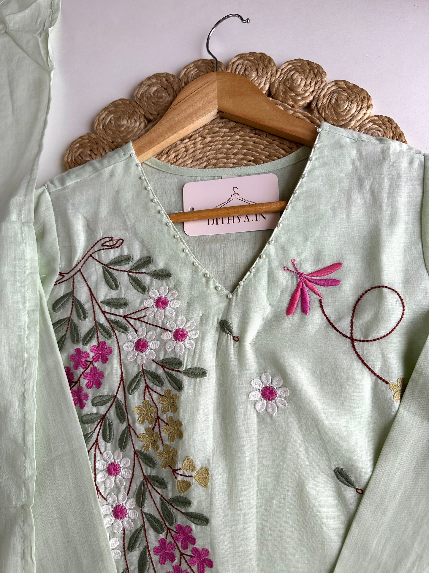 K183 - Mul cotton embroidered straight Kurti with pants and dupatta