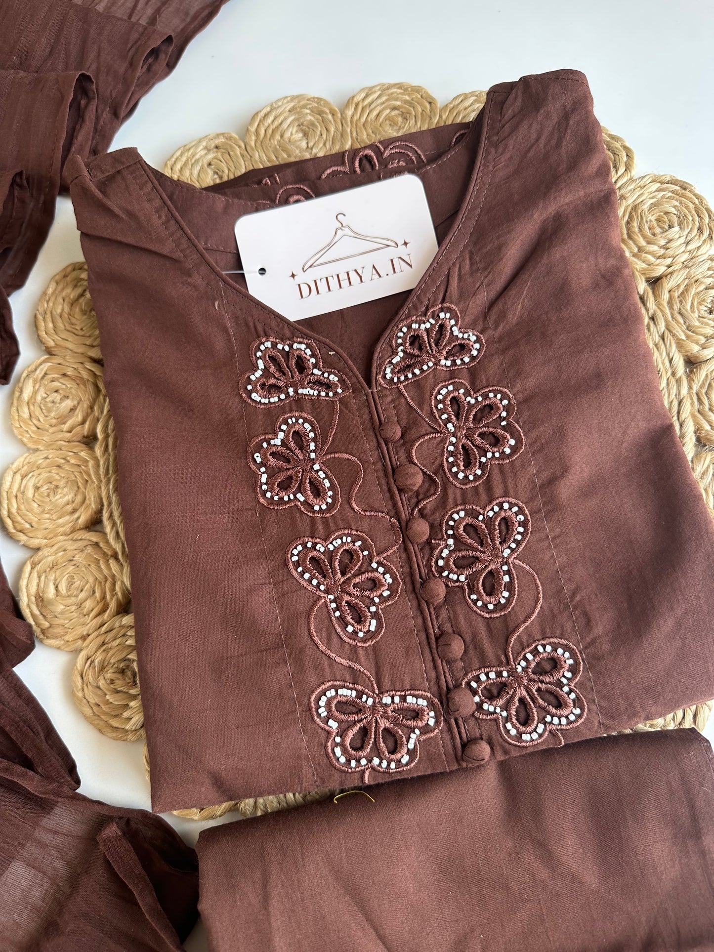 K728 - Mul cotton cut work straight Kurti with pants and dupatta