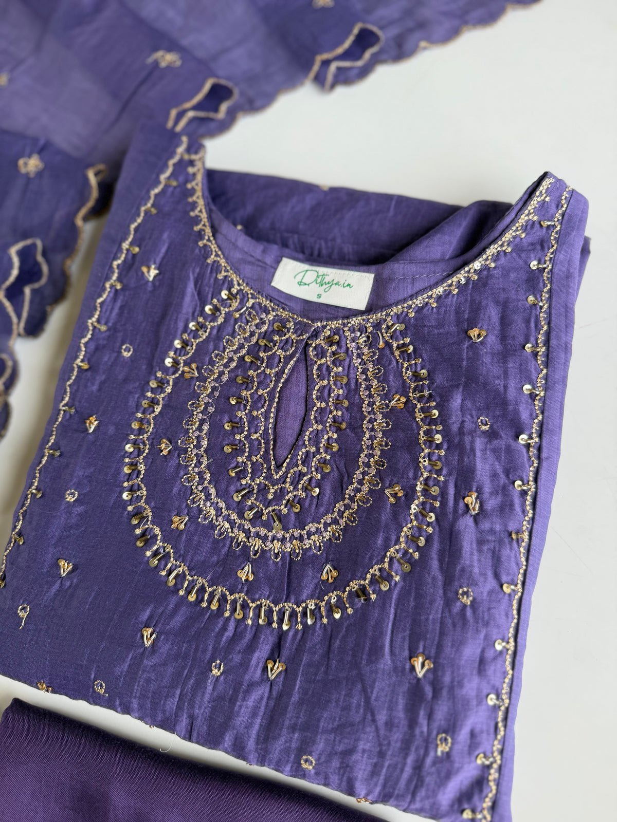 K446 - Surat Mul chanderi handwork aline Kurti with pants and dupatta in 2 colours