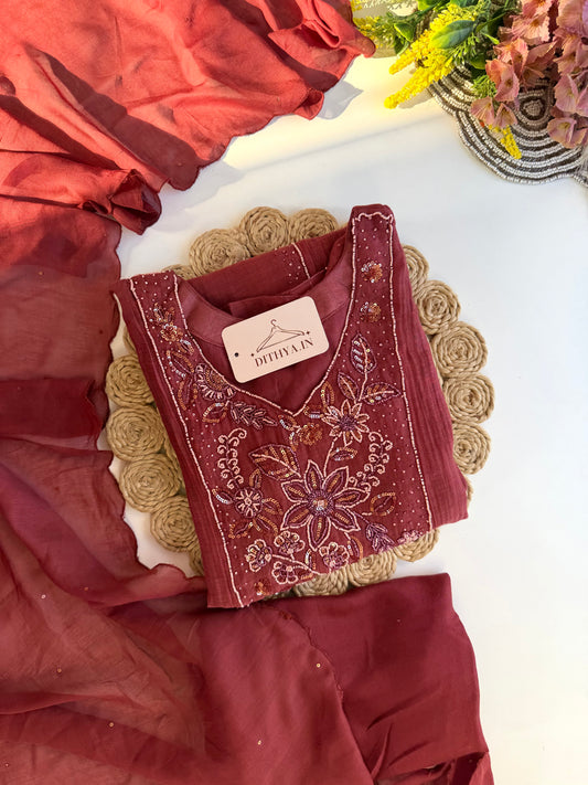 K507 - Mul chanderi handwork Aline Kurti with pants and dupatta