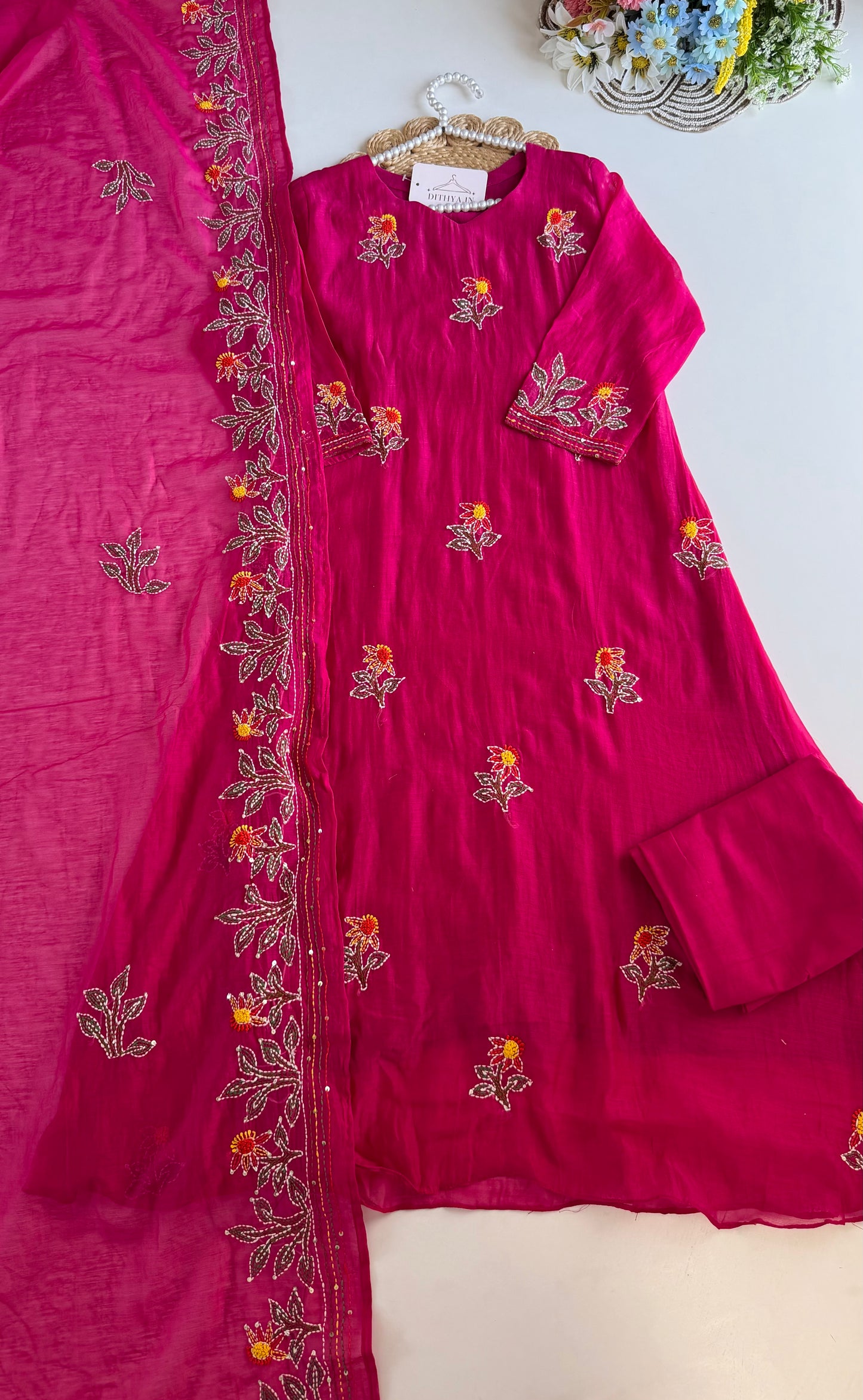 K437 - Mul chanderi Embroidered Aline Kurti with pants and dupatta