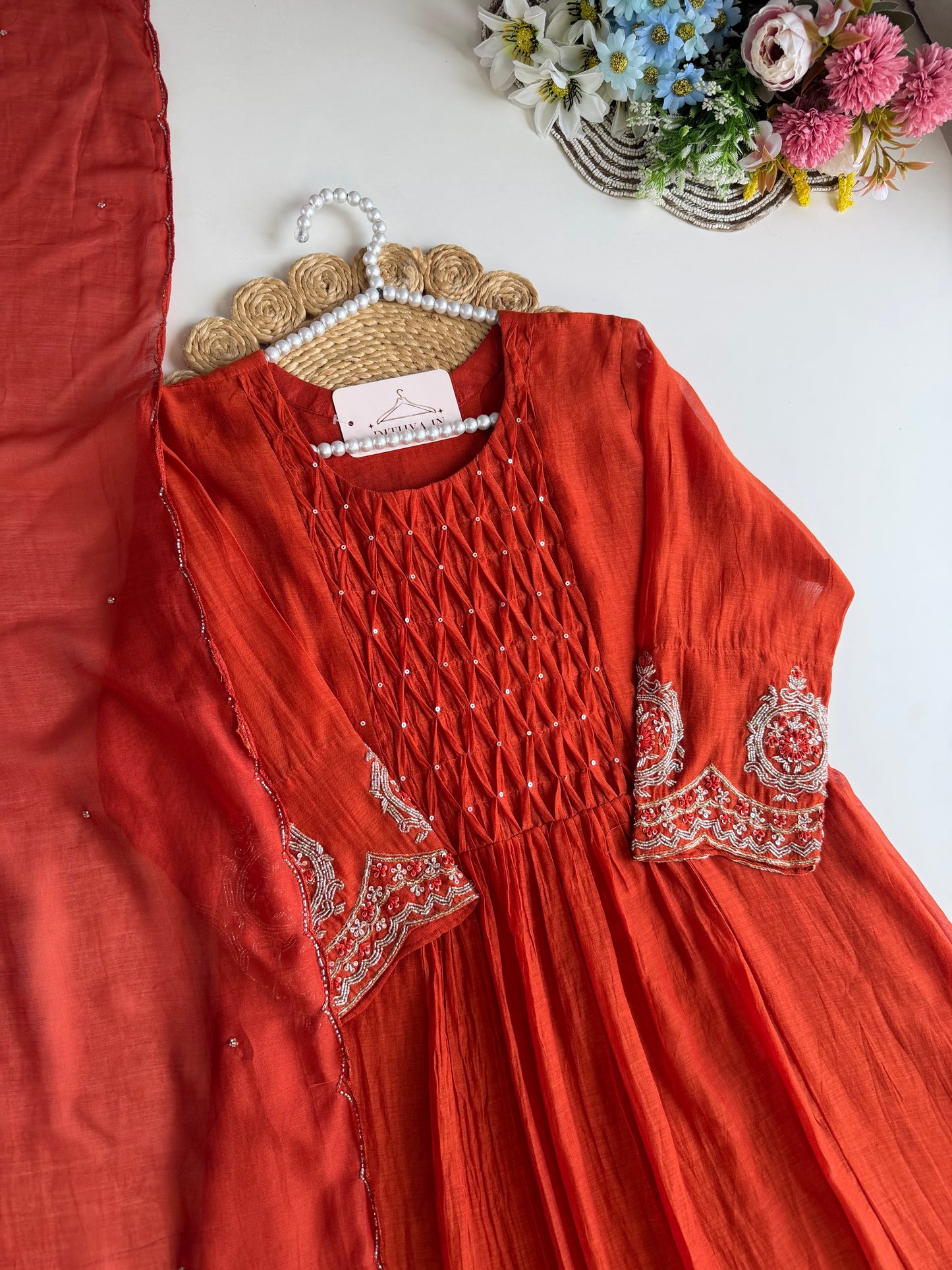 K217 - Mul chanderi handwork Anarkali with pants and dupatta