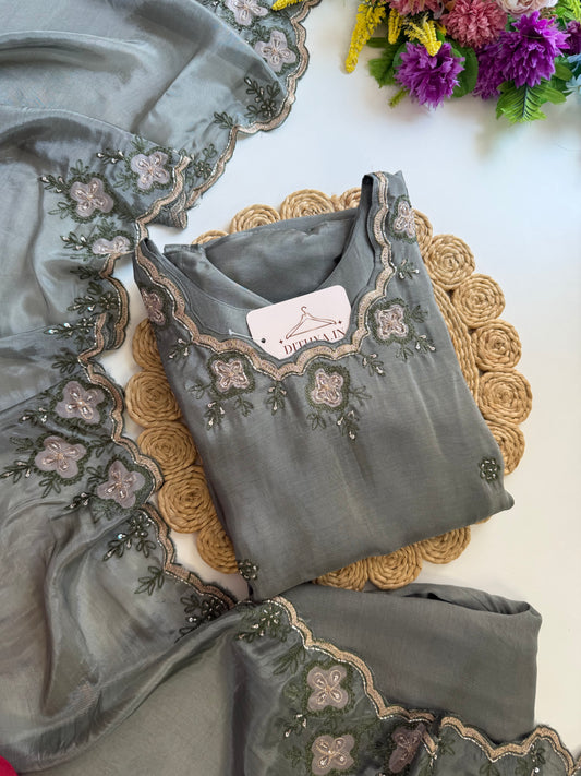 K191 - HO silk handwork aline Kurti with pants and dupatta