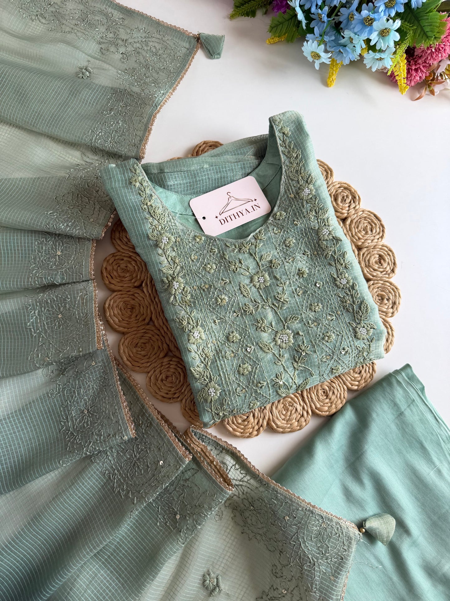 K107 - Chanderi tissue silk embroidered straight Kurti with pants and dupatta in 2 colours