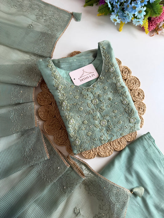 K107 - Chanderi tissue silk embroidered straight Kurti with pants and dupatta in 2 colours