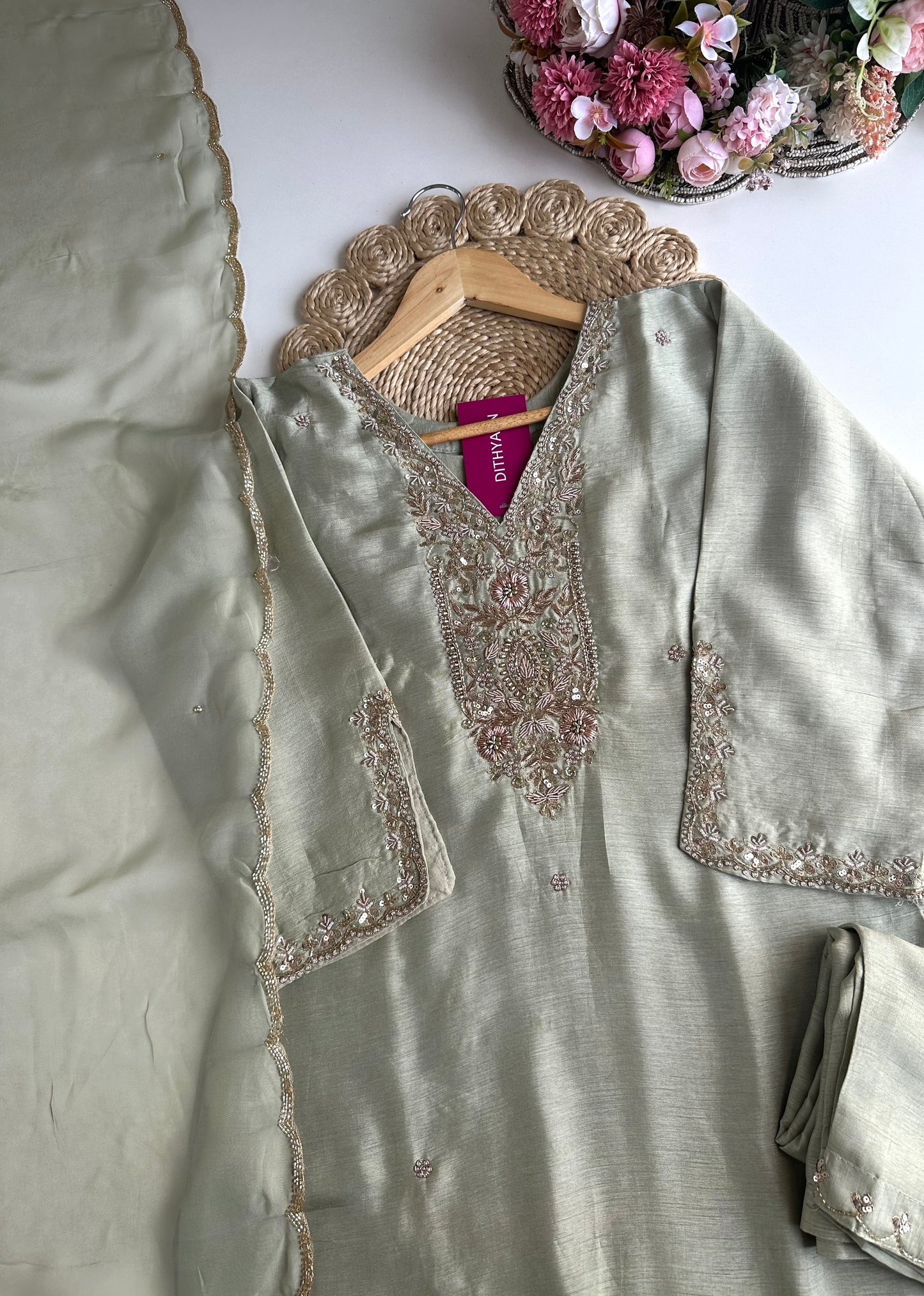 K428 - Russian silk handwork straight Kurti with pants and dupatta