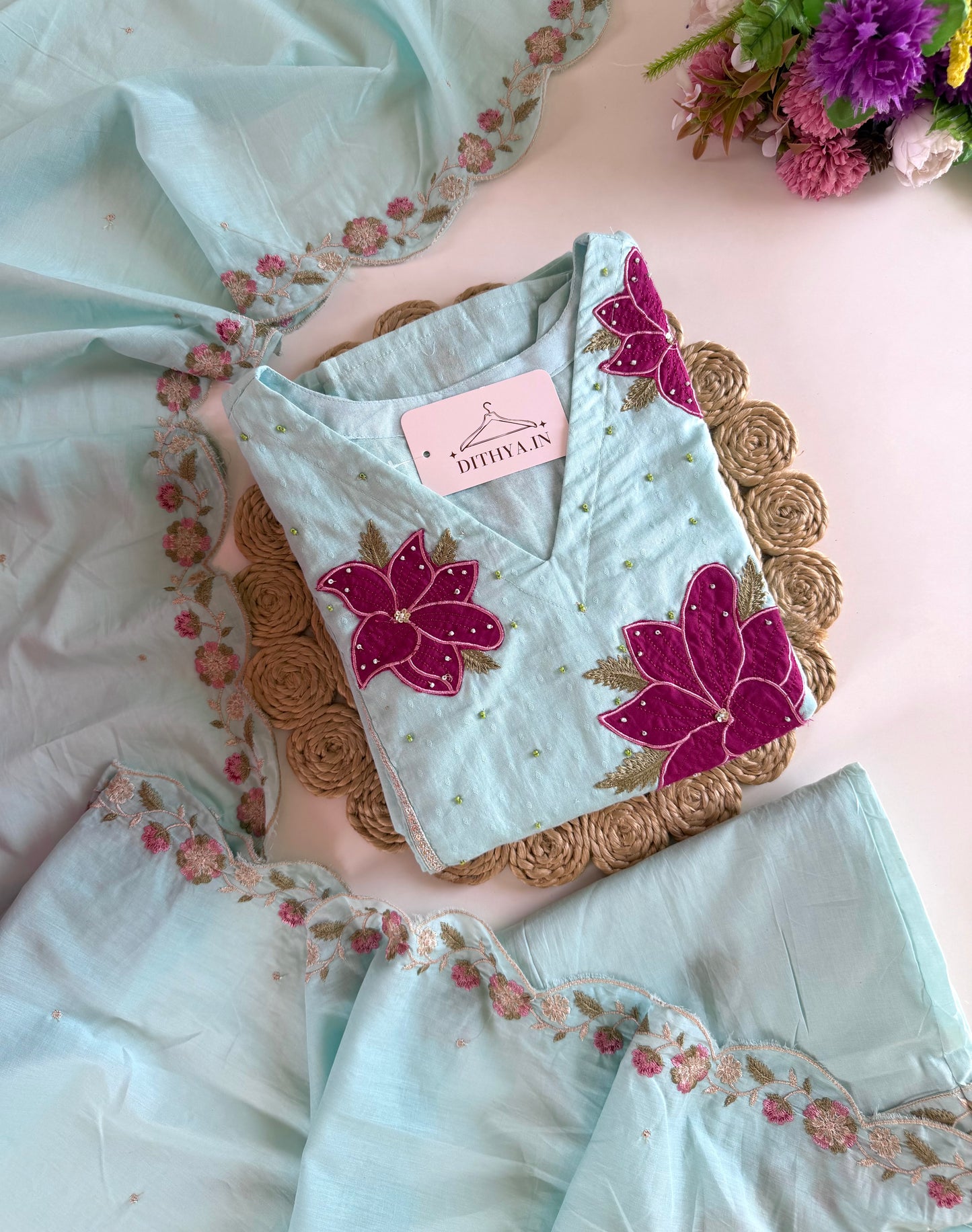 K411 - Mul Mul cotton embroidered Anarkali with pants and dupatta