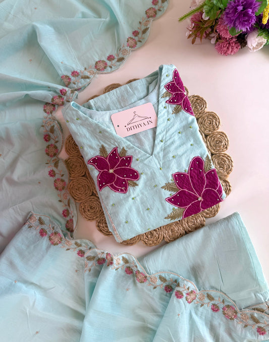 K411 - Mul Mul cotton embroidered Anarkali with pants and dupatta