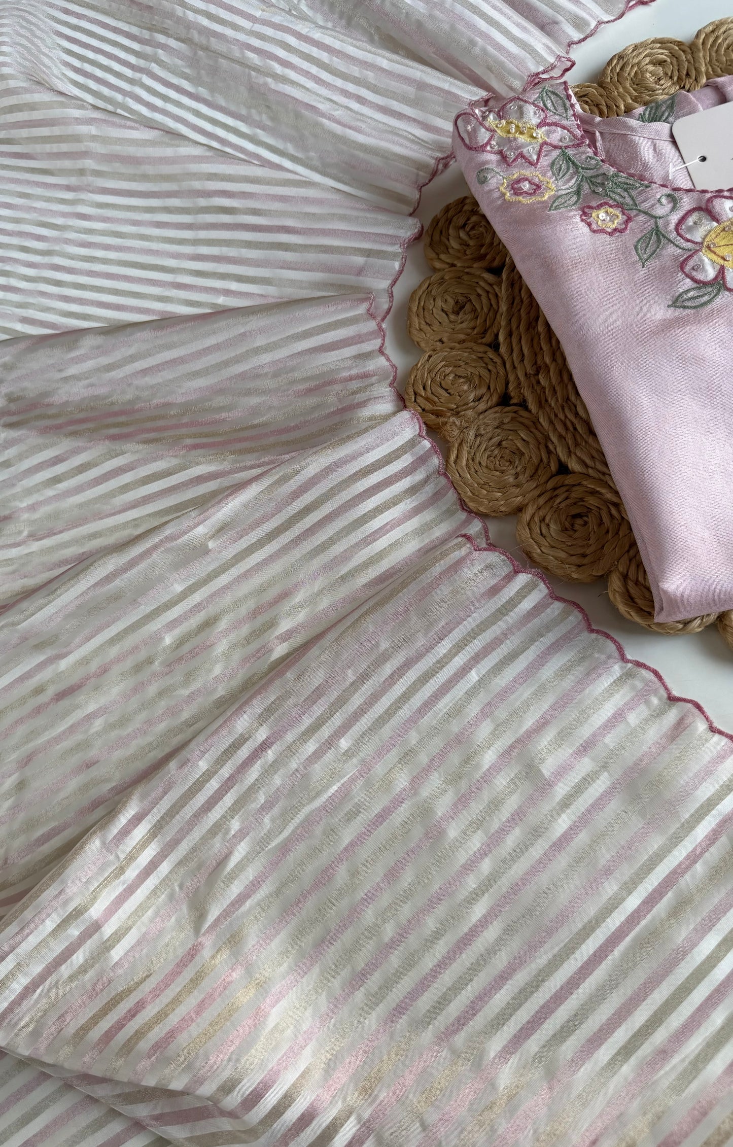 K548 - Tissue silk appliqué handwork short Kurti with divider pants and dupatta