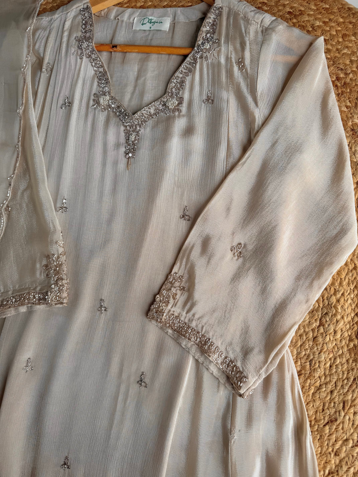 K234 - Pure Chinnon heavy handwork Anarkali with pants and dupatta