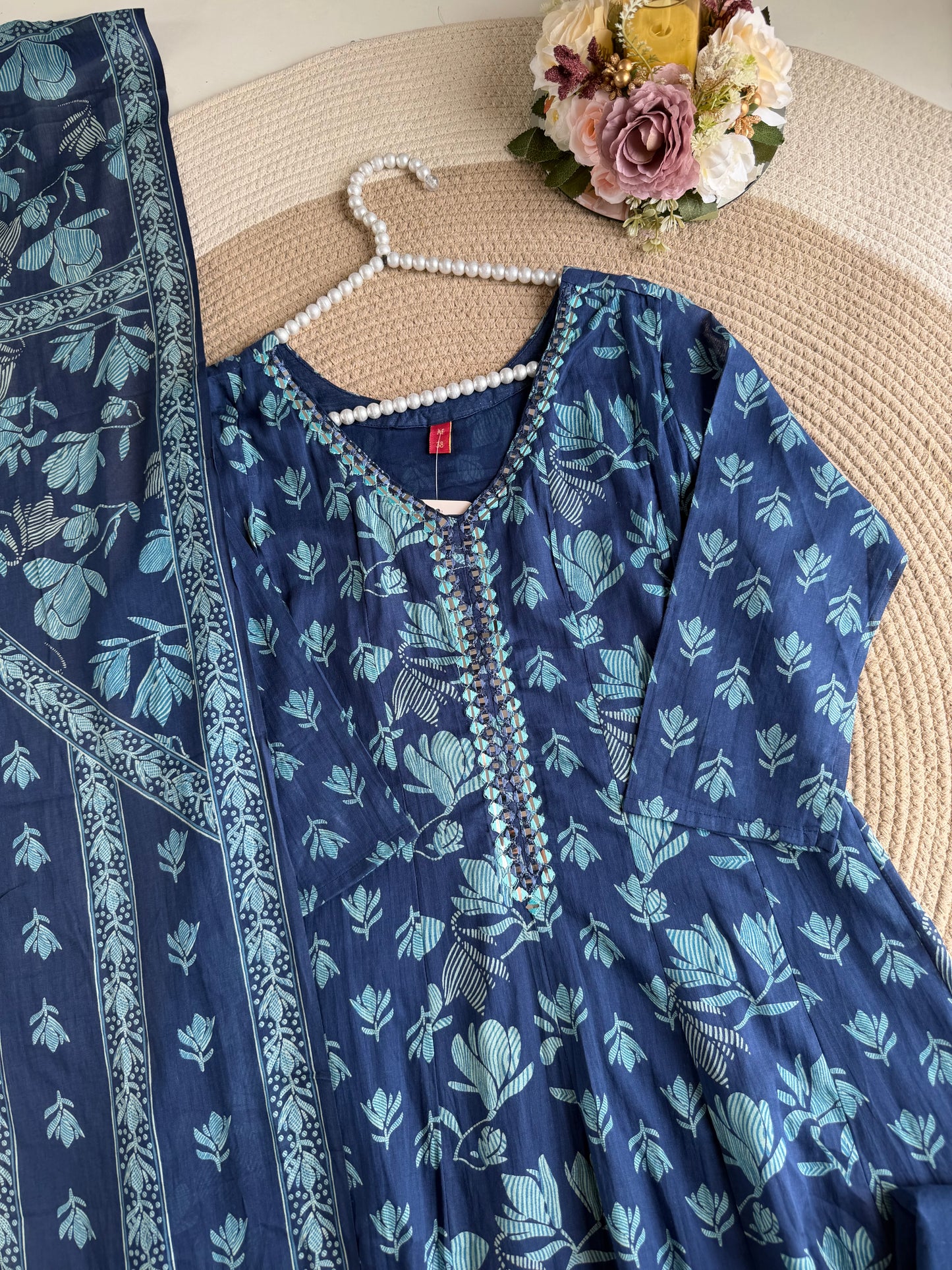 K559 - Mul cotton printed Anarkali with pants and dupatta in 2 colours