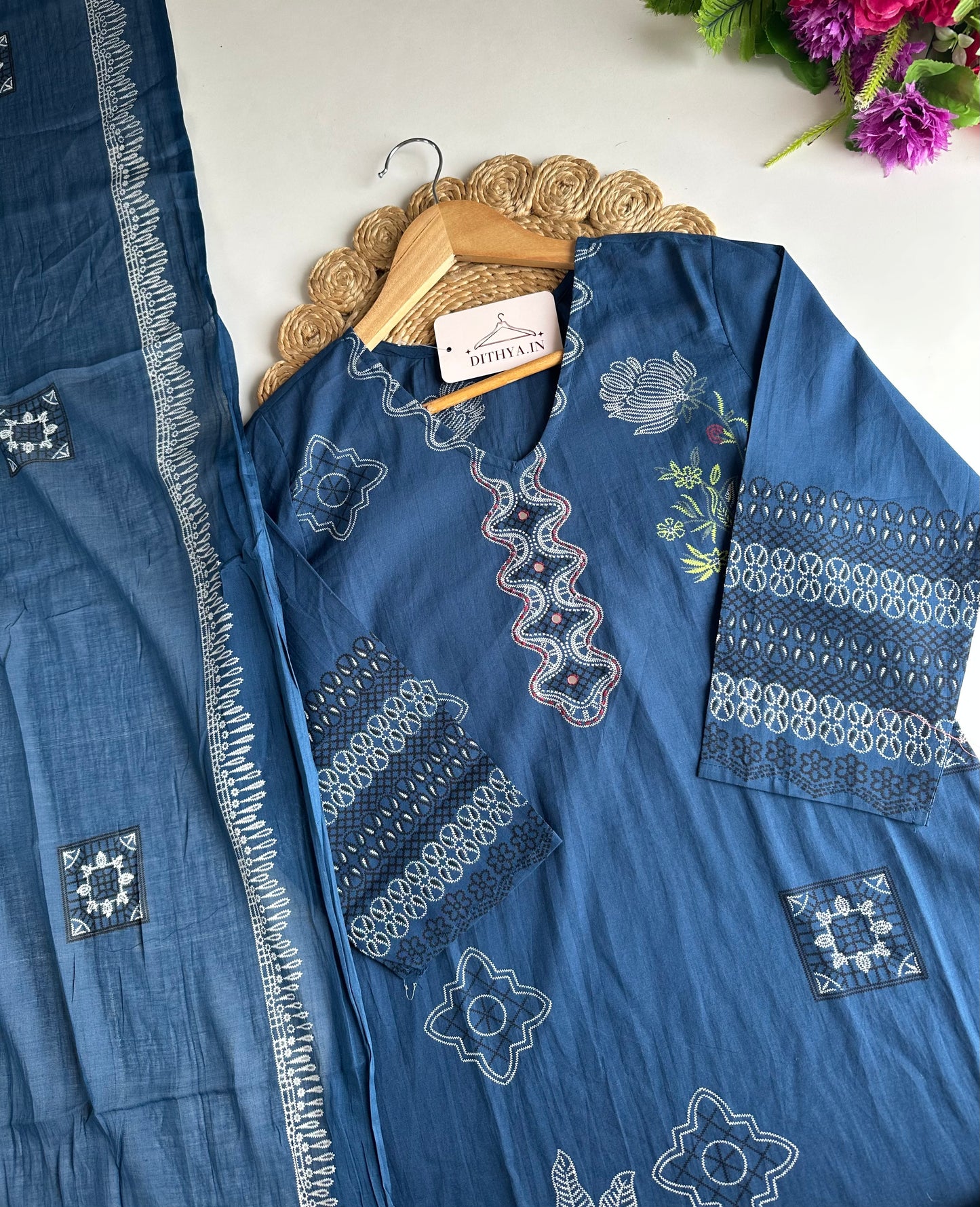 K418 - Mul cotton printed straight Kurti with pants and dupatta
