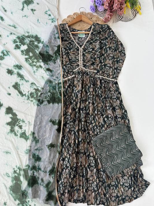 D415-Muslin Alia cut Anarkali with pants and dupatta
