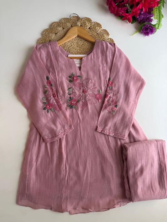 K443 - Mul chanderi embroidered coord set