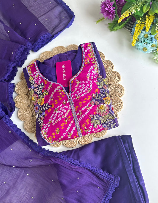 K085 - Mul Chanderi Handwork Aline Kurti with pants and dupatta