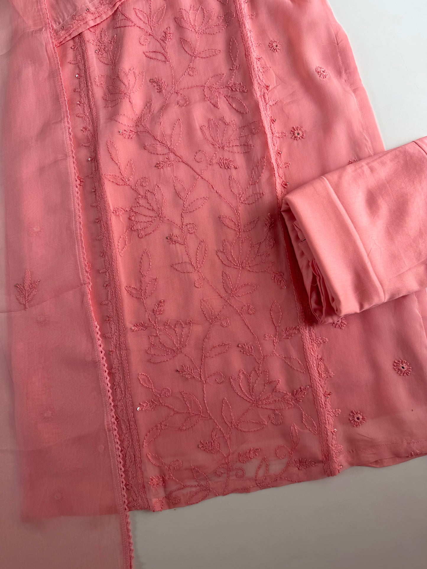 K180 - Viscose organza chikankari straight Kurti with pants and dupatta