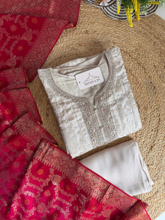 K028 - Self weaving tissue silk Anarkali with pants and dupatta