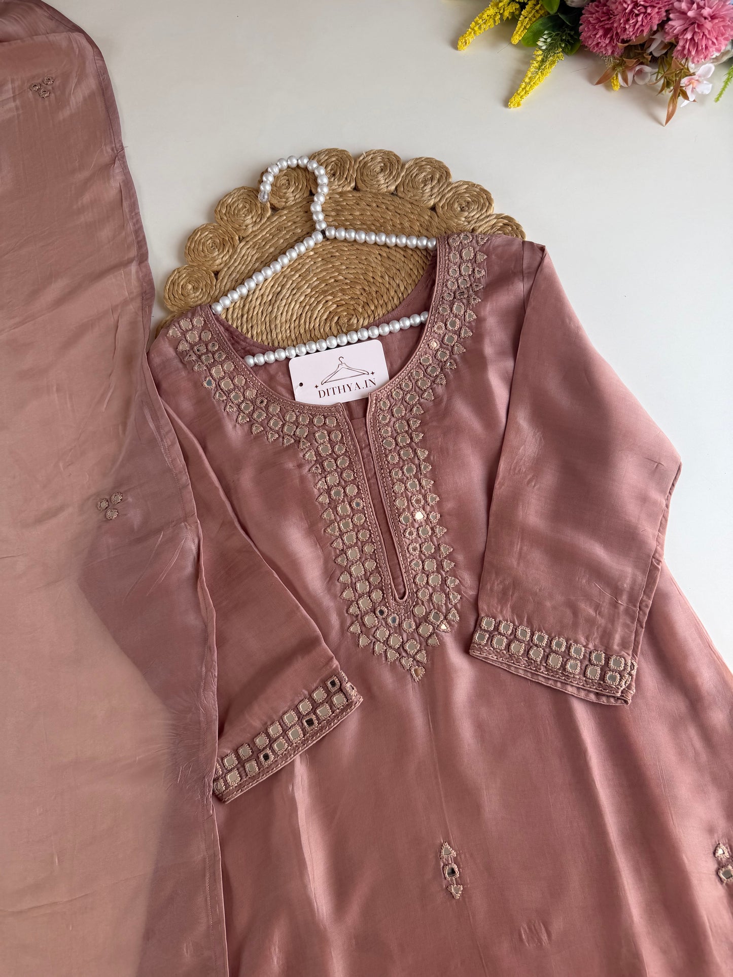 K424 - Pure HO silk mirror work aline Kurti with pants and dupatta