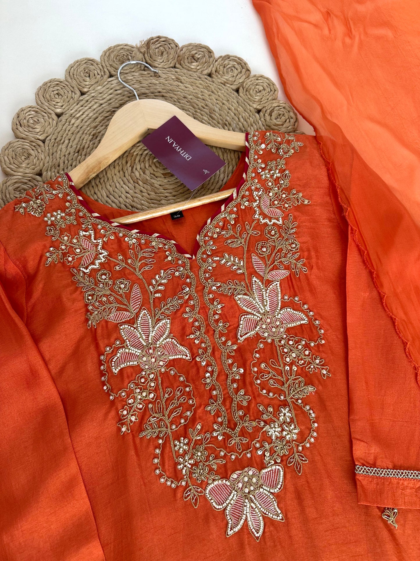 K181 - Russian silk handwork Straight kurti with straight pants and dupatta .