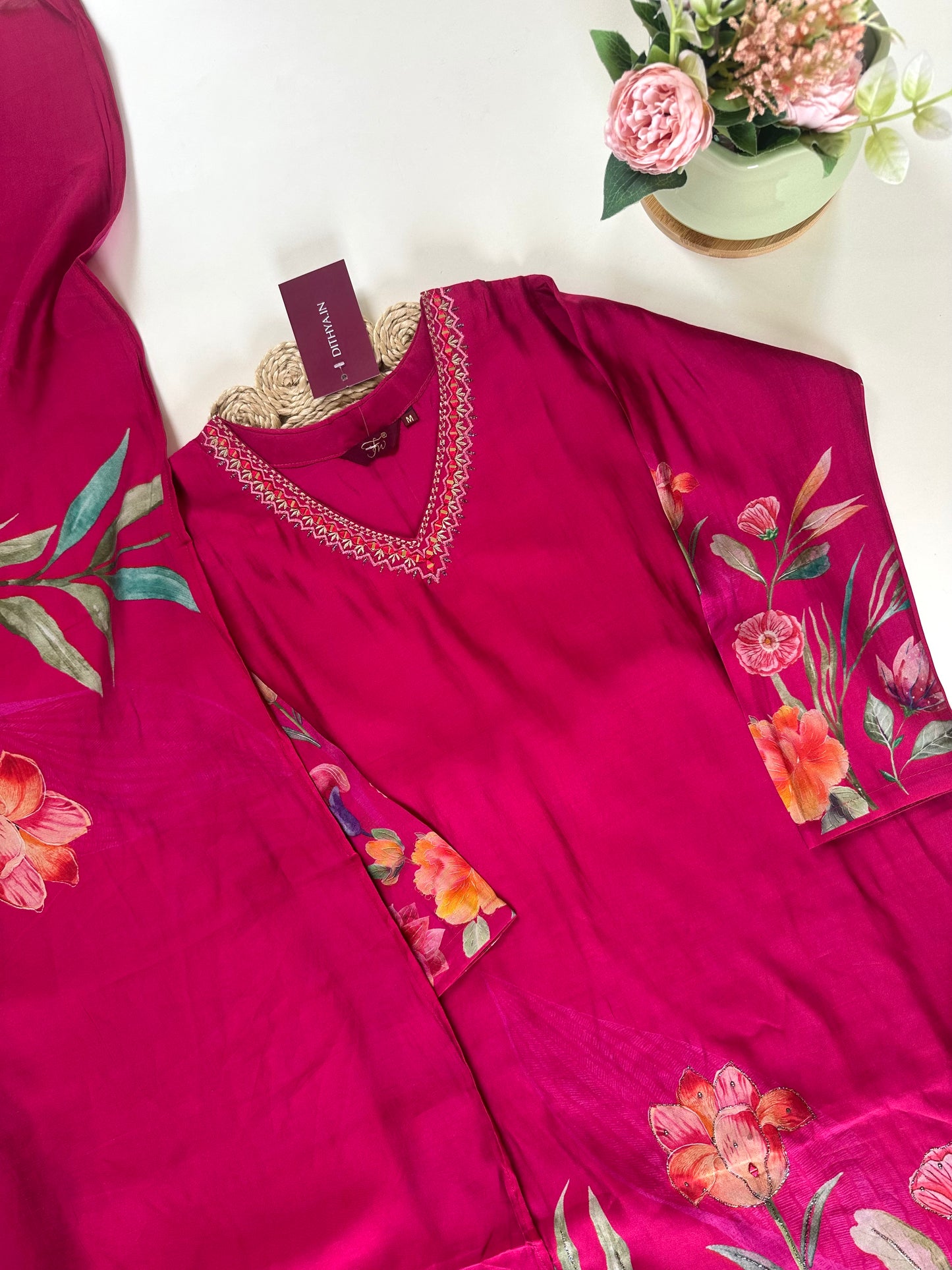 K053 - Muslin silk printed Straight kurti with pants and Floral dupatta.