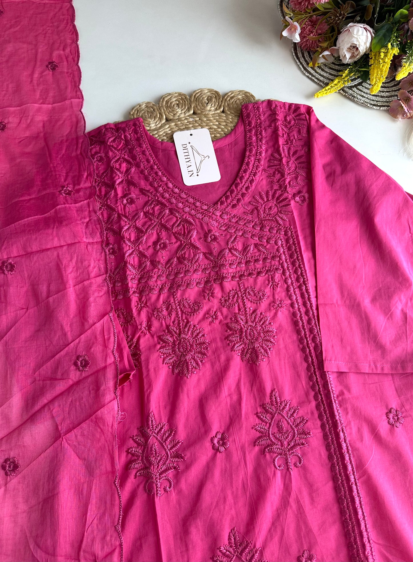 K467 - Mul cotton chikankari straight Kurti with pants and dupatta