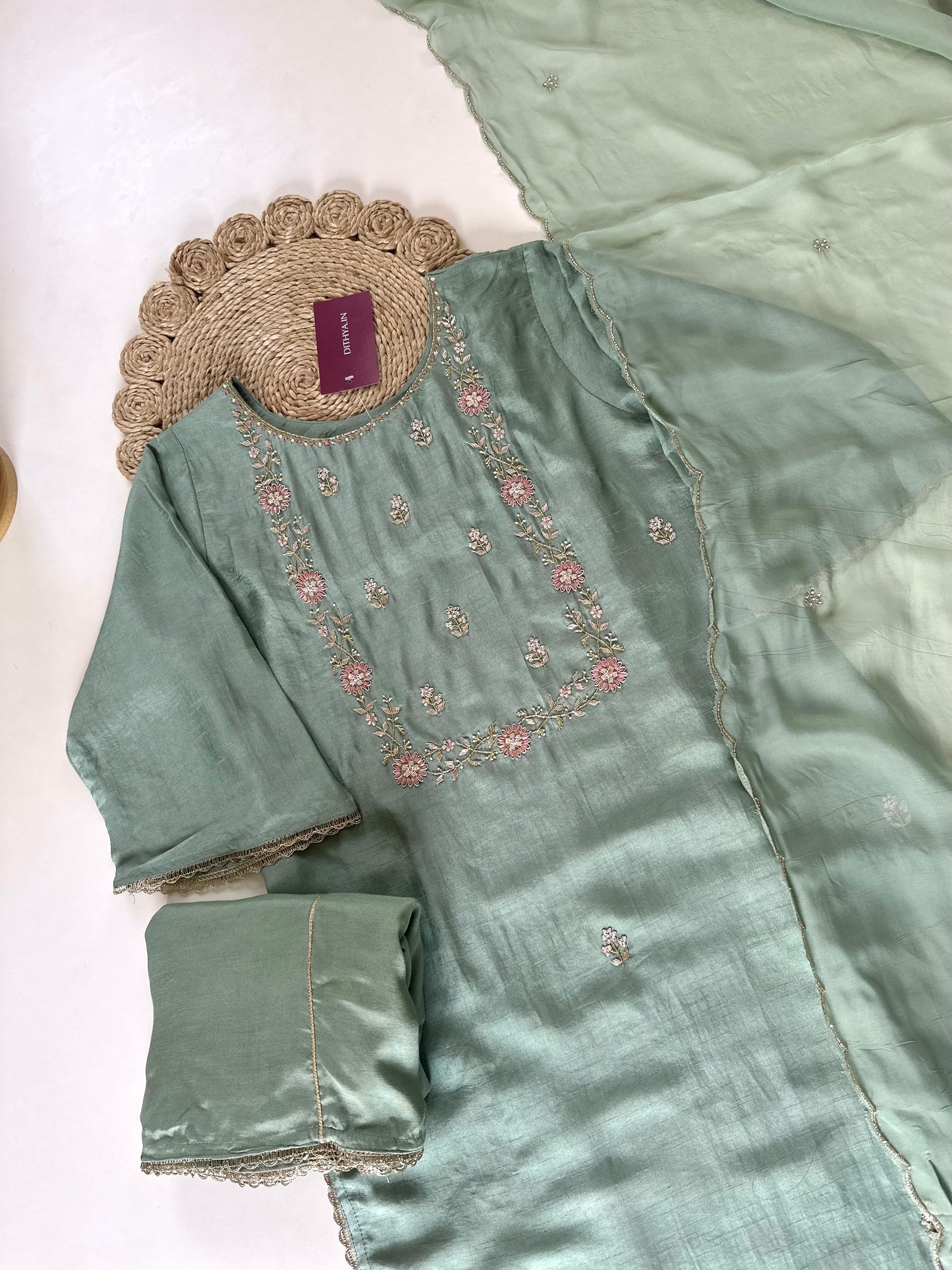 K326 - Handwork Russian silk kurti with palazzo and dupatta .