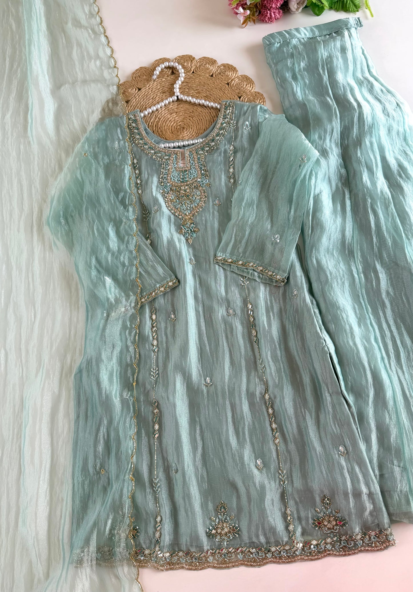 K332 - Glass tissue silk handwork short Kurti with pants and dupatta