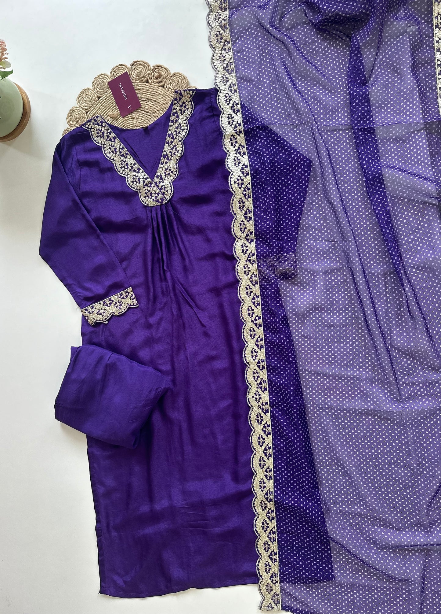 K290 - Russian silk Gota work Aline Kurti with pants and dupatta .