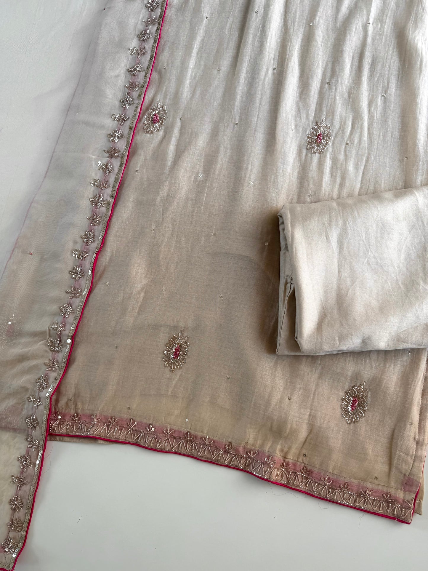 K281 - Mul chanderi handwork straight Kurti with pants and dupatta