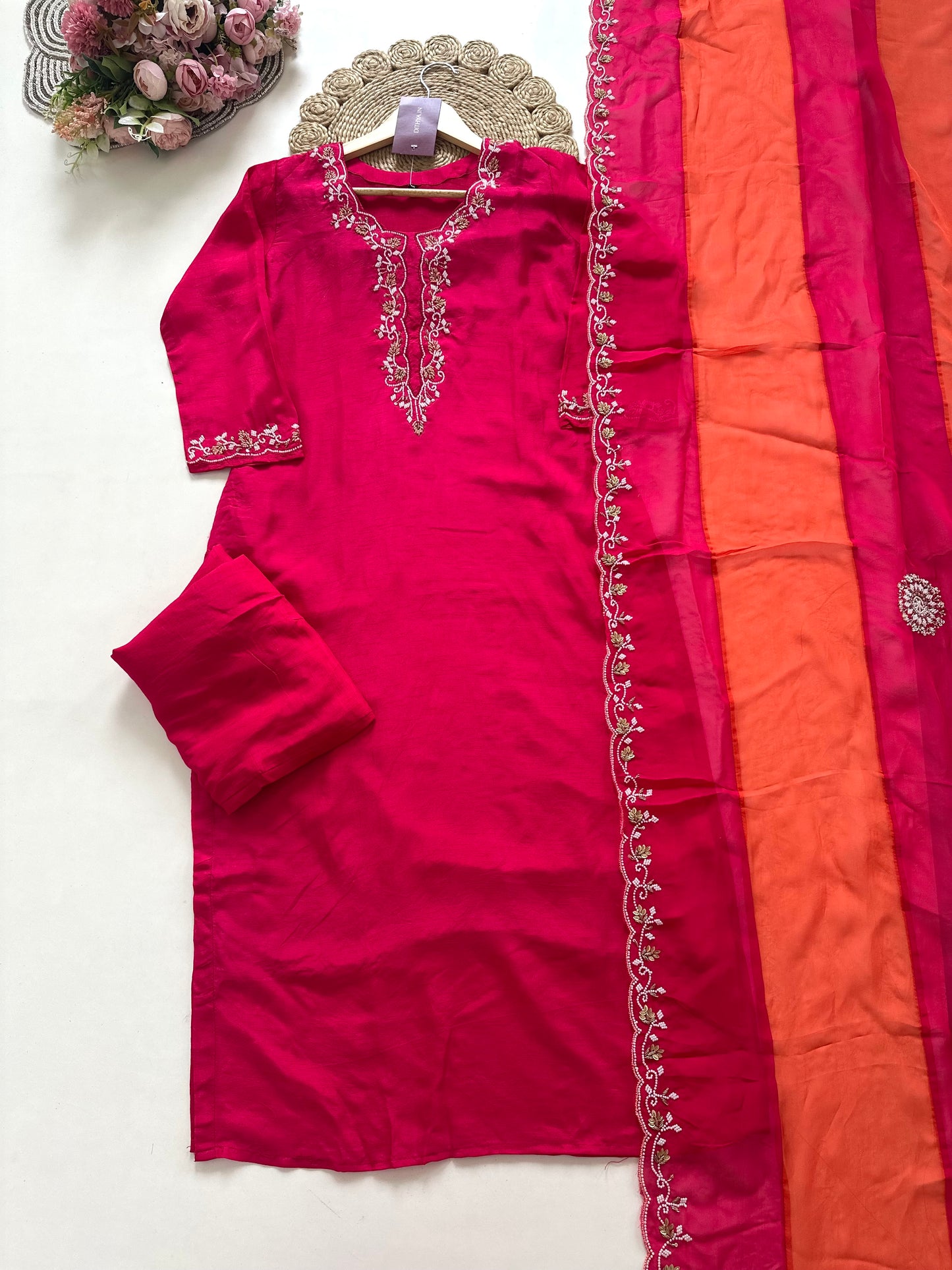 K033 - Russian silk handwork straight kurti with pants and dupatta