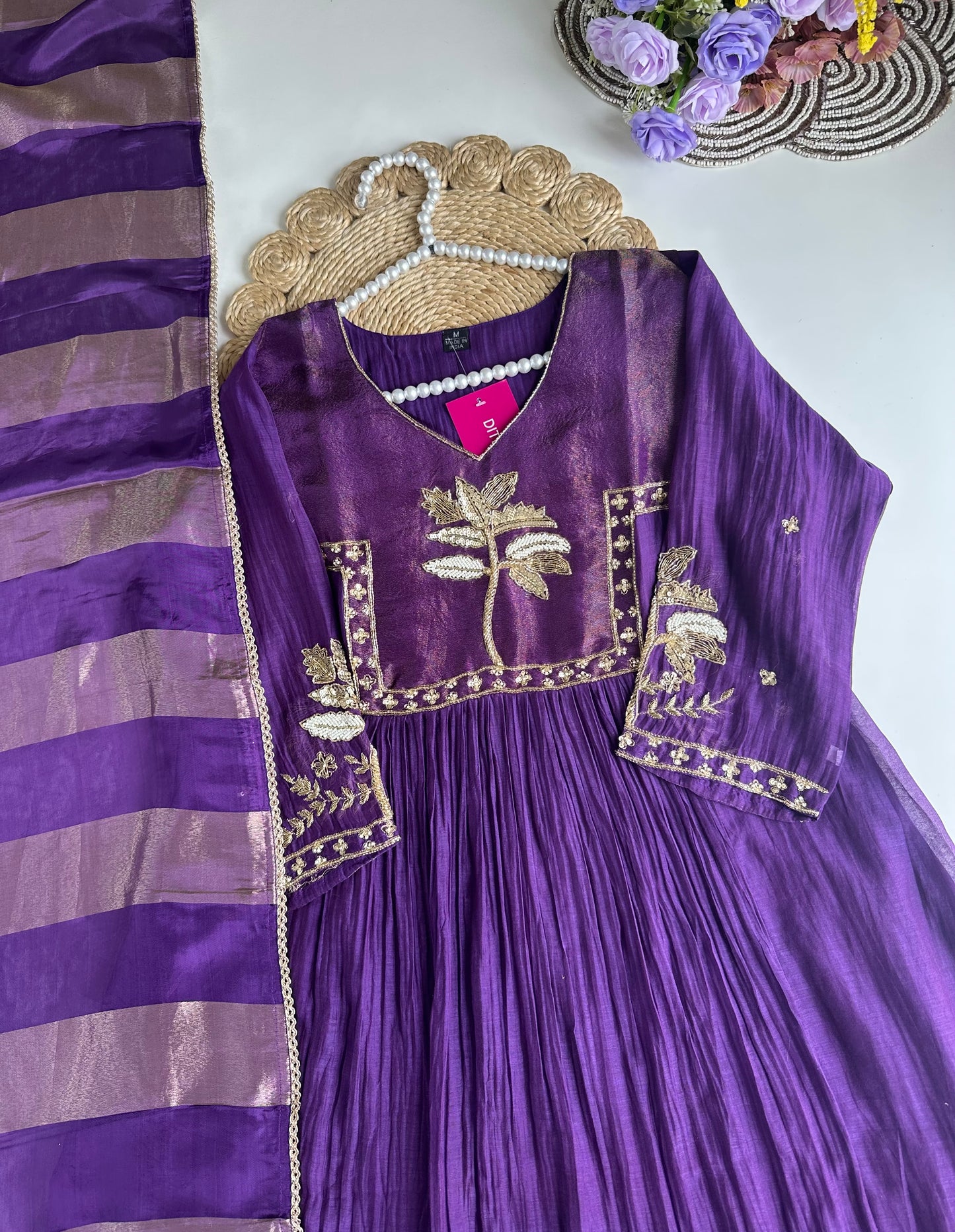 K430 - Mul Chanderi handwork Anarkali with pants and dupatta