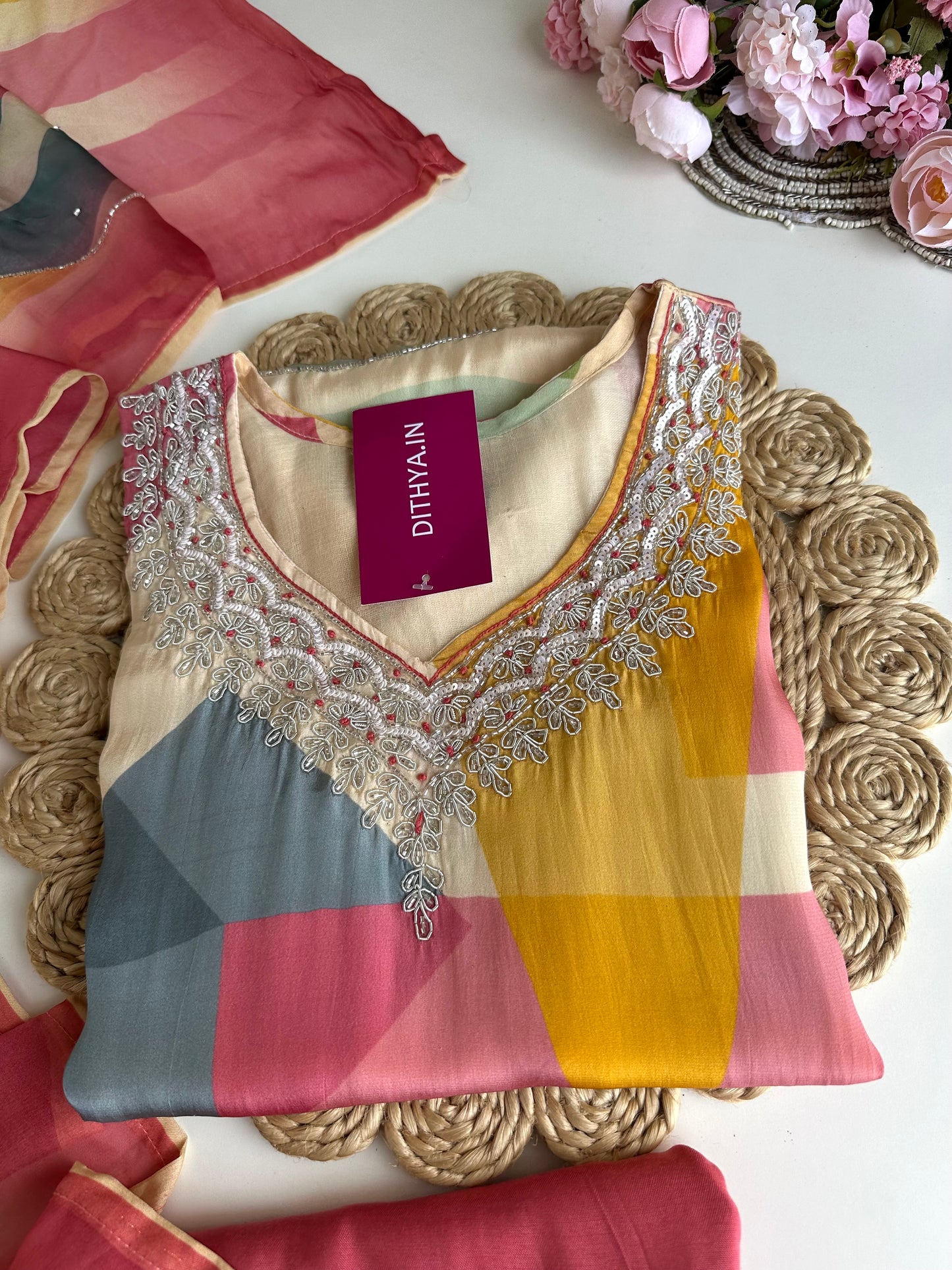 K025 - Pure crape handwork straight Kurti with pants and dupatta