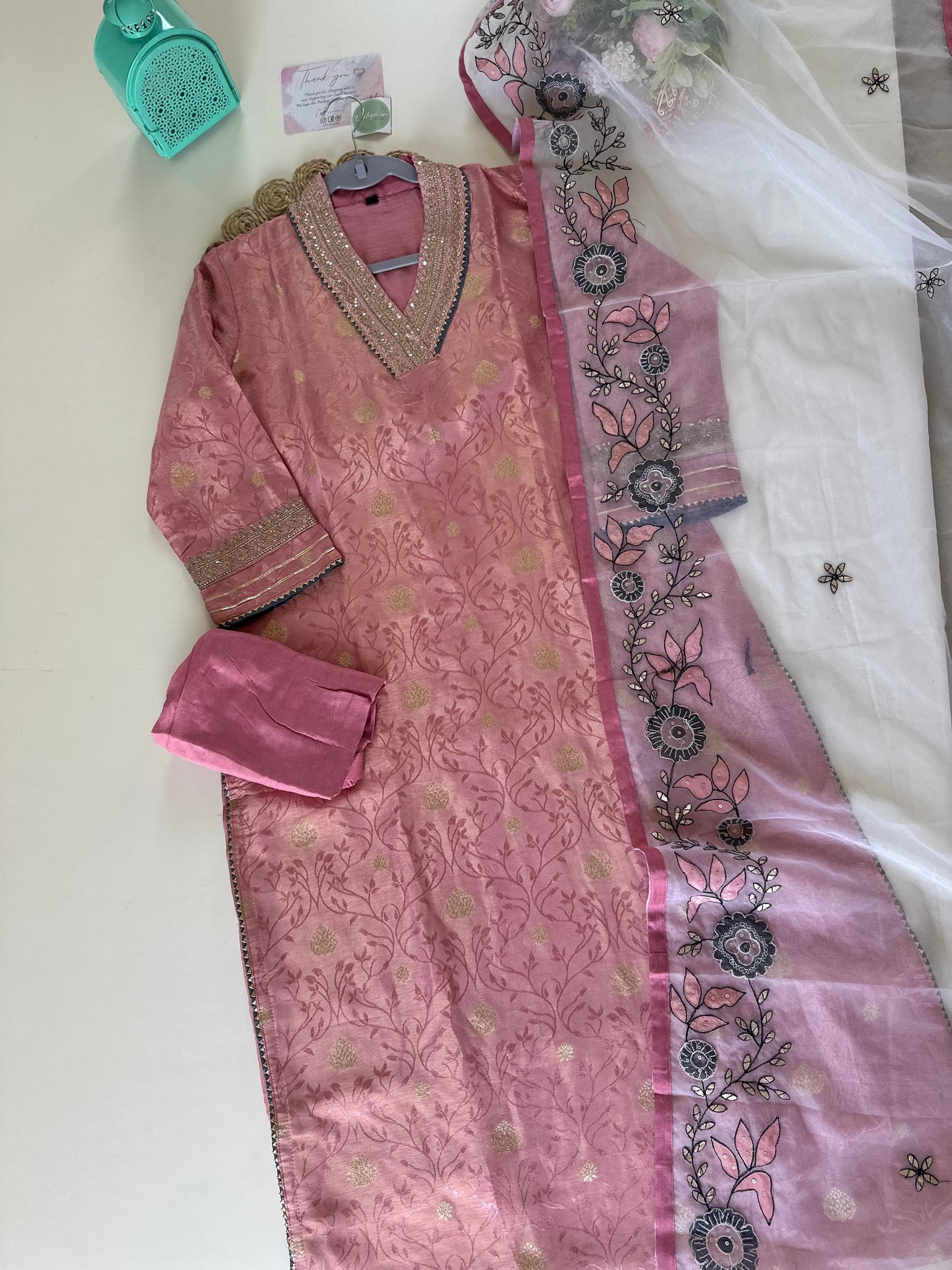 K299 - Jacquard silk kurti with pants and organza dupatta .